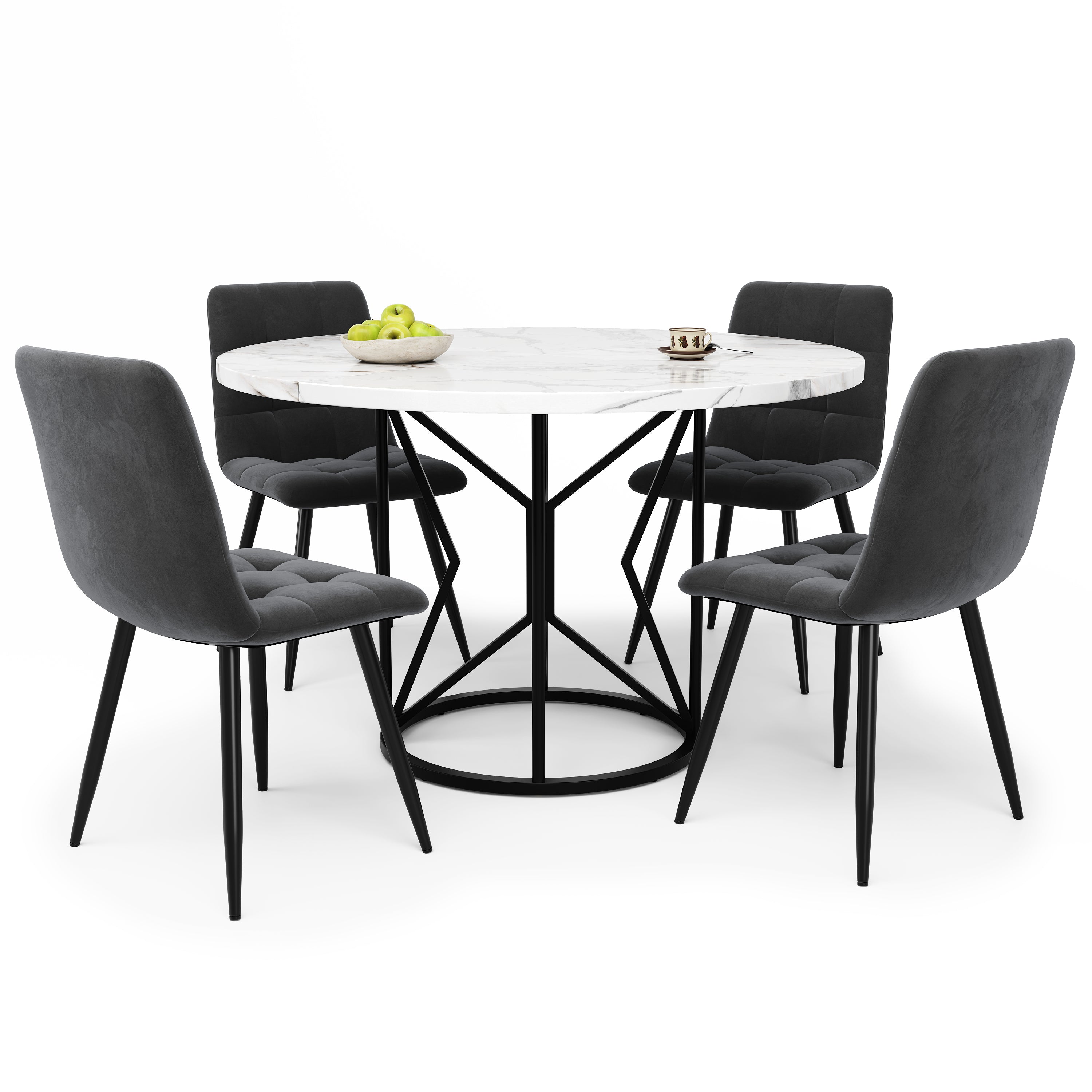 Dining Set 5-Piece Round 100cm White MDF Top - Grey Velvet Chairs