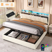5ft King Upholstered Bed Frame, Hydraulic Storage LED Headboard with Charging Station, Beige Linen