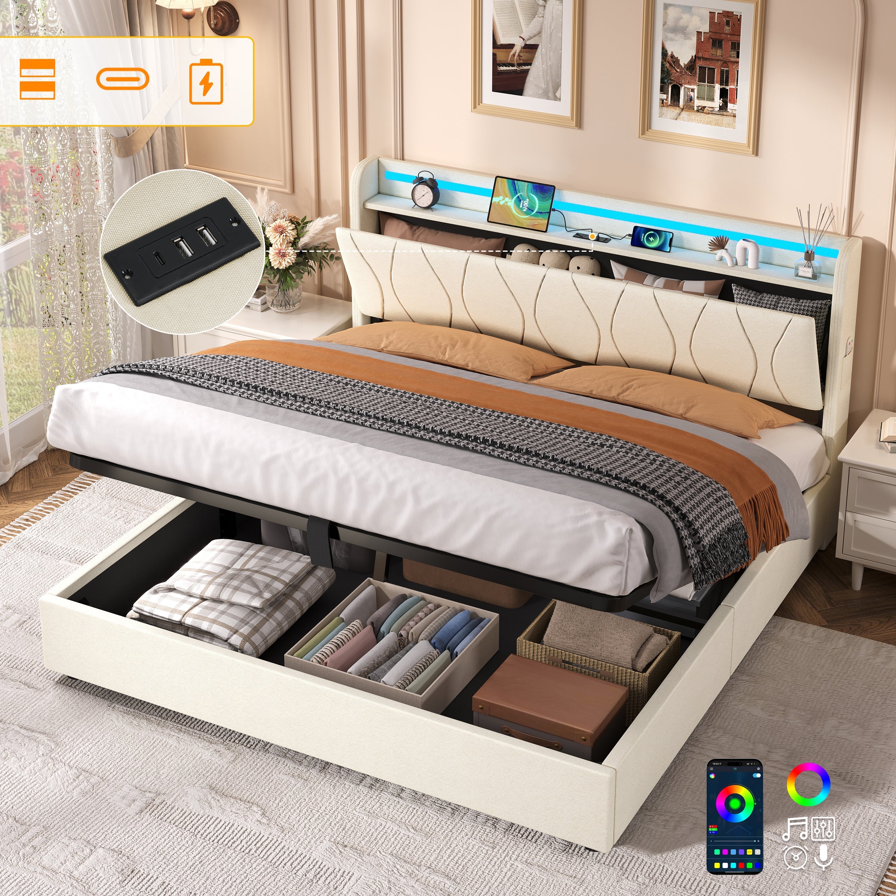 5ft King Upholstered Bed Frame, Hydraulic Storage LED Headboard with Charging Station, Beige Linen