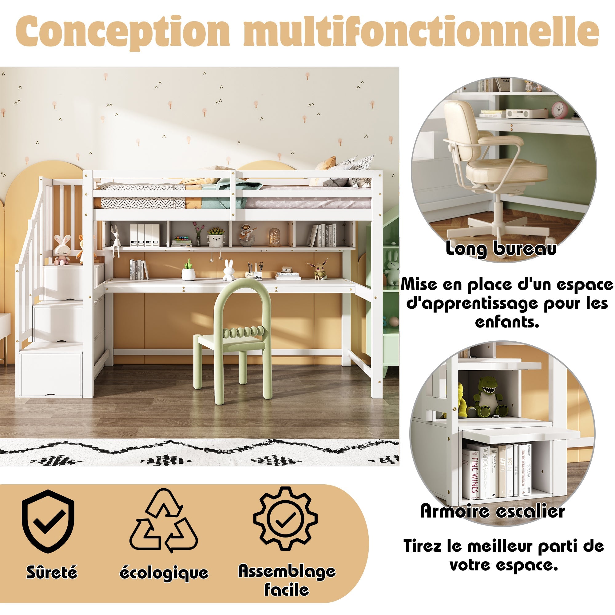 Loft Bed with Storage Stairs, Desk and Shelves, 90x200cm, White Solid Wood + MDF