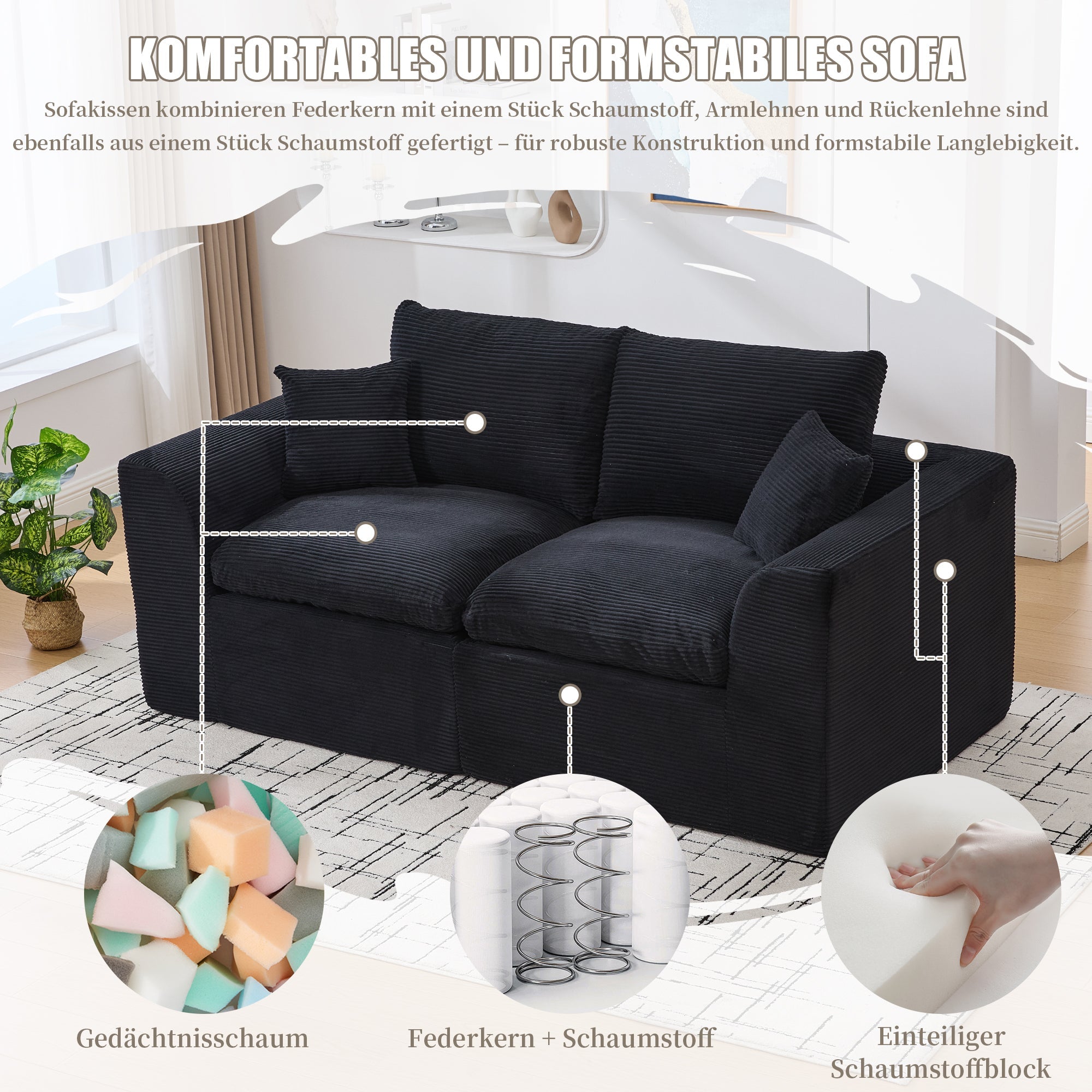 Modern Two-Seater Sofa, Nordic-Style Comfortable with Cushions, Fabric