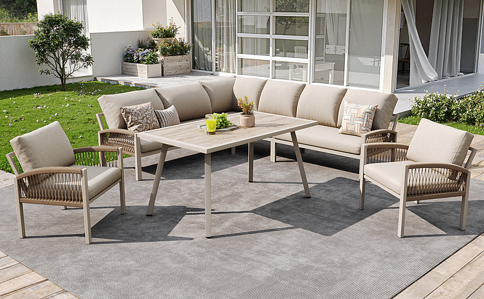 L-Shaped Garden Sofa Set 8-Seater with Table 2 Woven Armchairs Weatherproof - Beige/Iron