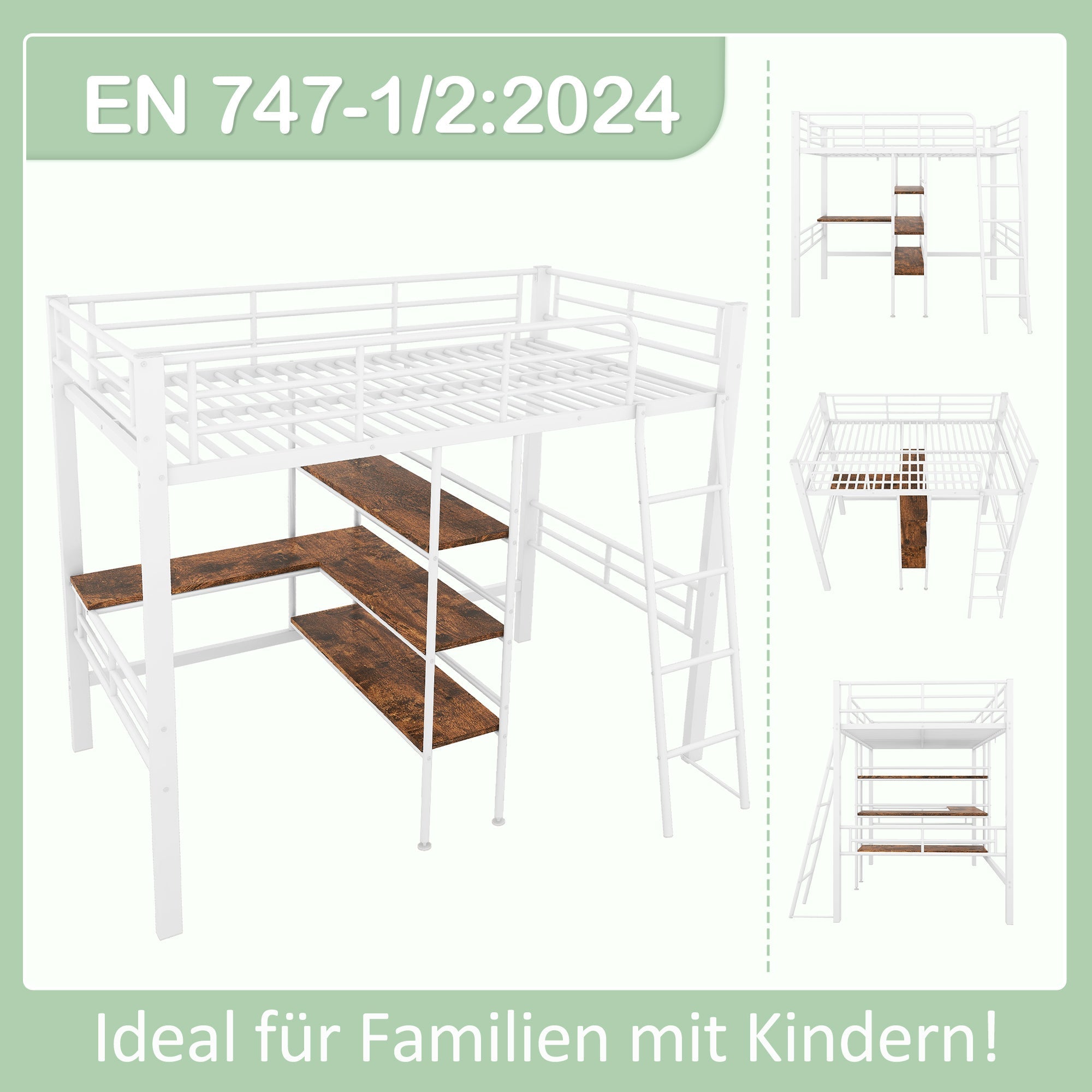 Loft Bed 90x200cm with Desk Shelves Railing Ladder Iron Frame White