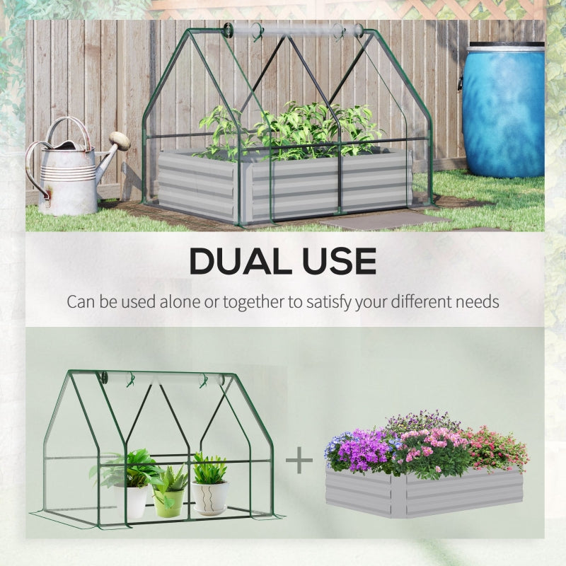 Raised Garden Bed with Greenhouse, Steel Planter Box Roll Up Window Dual Use, Clear