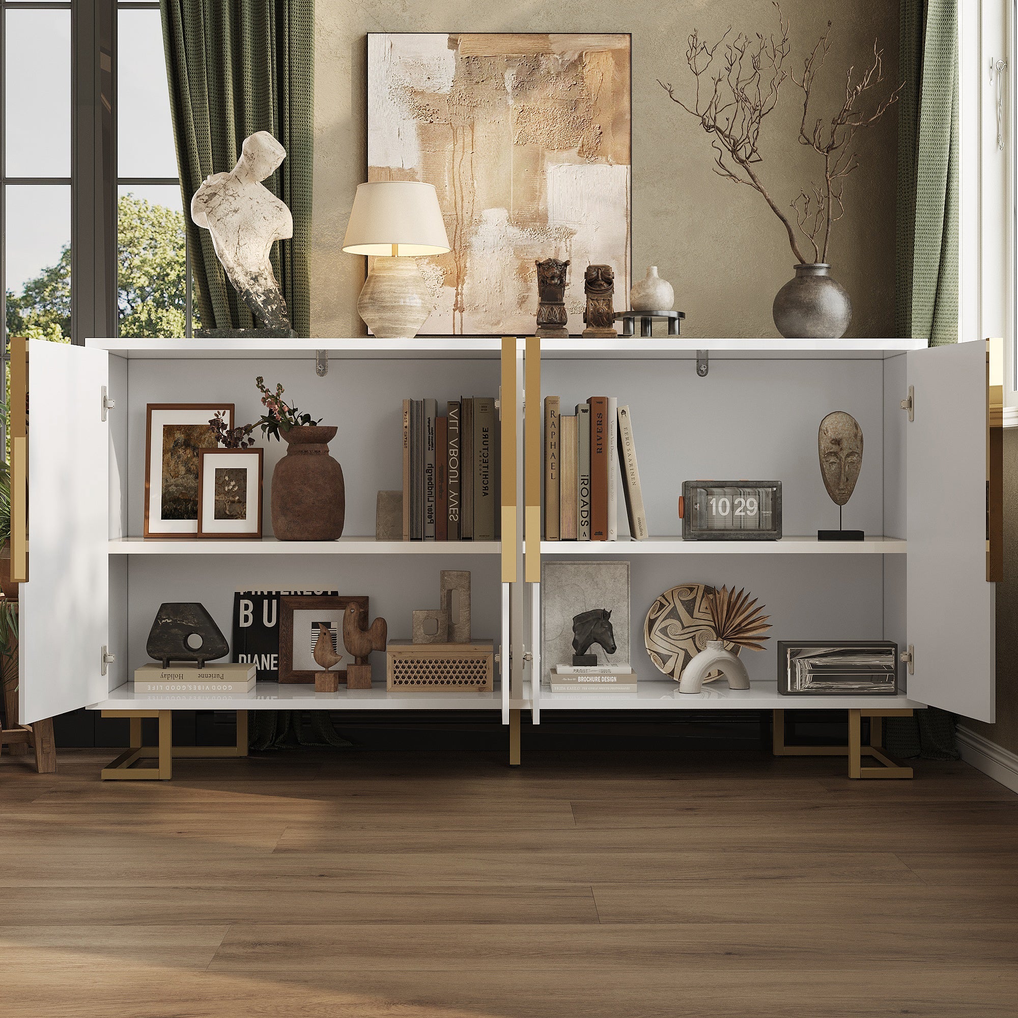 Sideboard with Geometric Design and Gold Handles, 152 x 40 x 75 cm, White