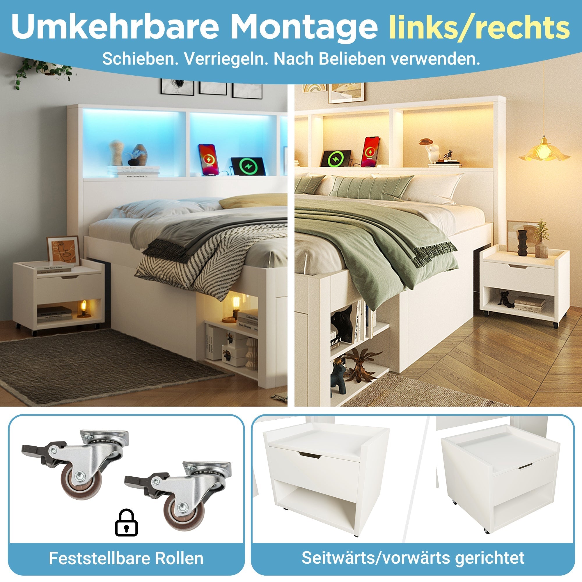 Functional Bed with LED, USB-C Charging, Storage and Movable Bedside Table, 90x200cm, White Wood
