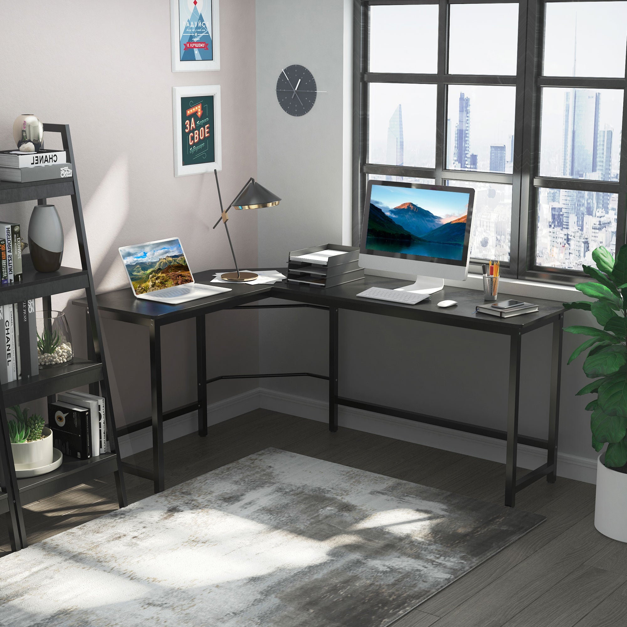 Vinsetto Corner Desk Height Adjustable, Metal Black