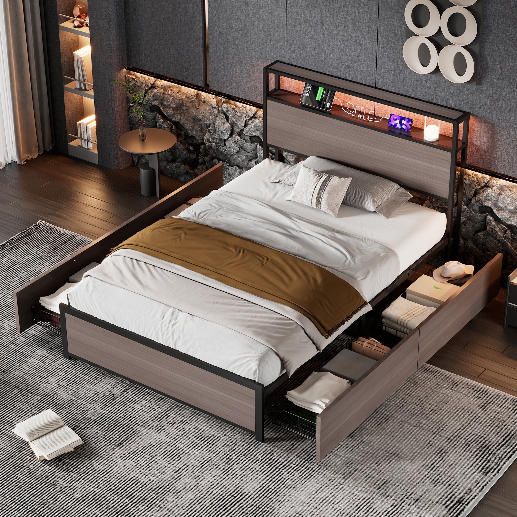 Metal Bed 3FT Single with LED Light Strip, 4 Drawers, USB & Type C, Grey Wrought Iron