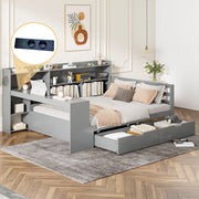 Sofa Bed, Multifunctional 140x200cm with Desk Storage & Power Outlet, Solid Wood Grey