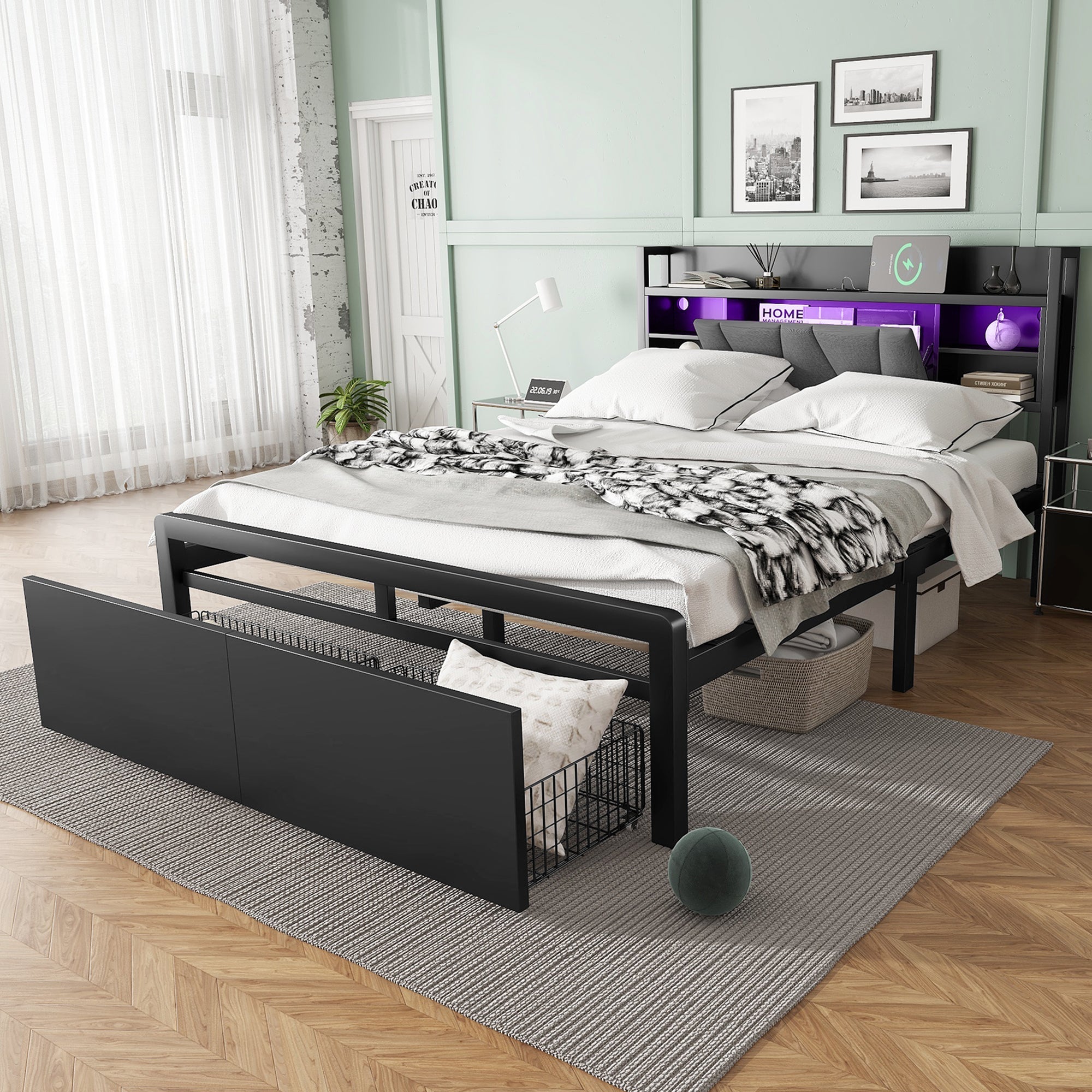 Metal Iron Bed 4ft6 Double 135x190cm with LED Lights & Charging Port, 2 Drawers & Storage Headboard, Black