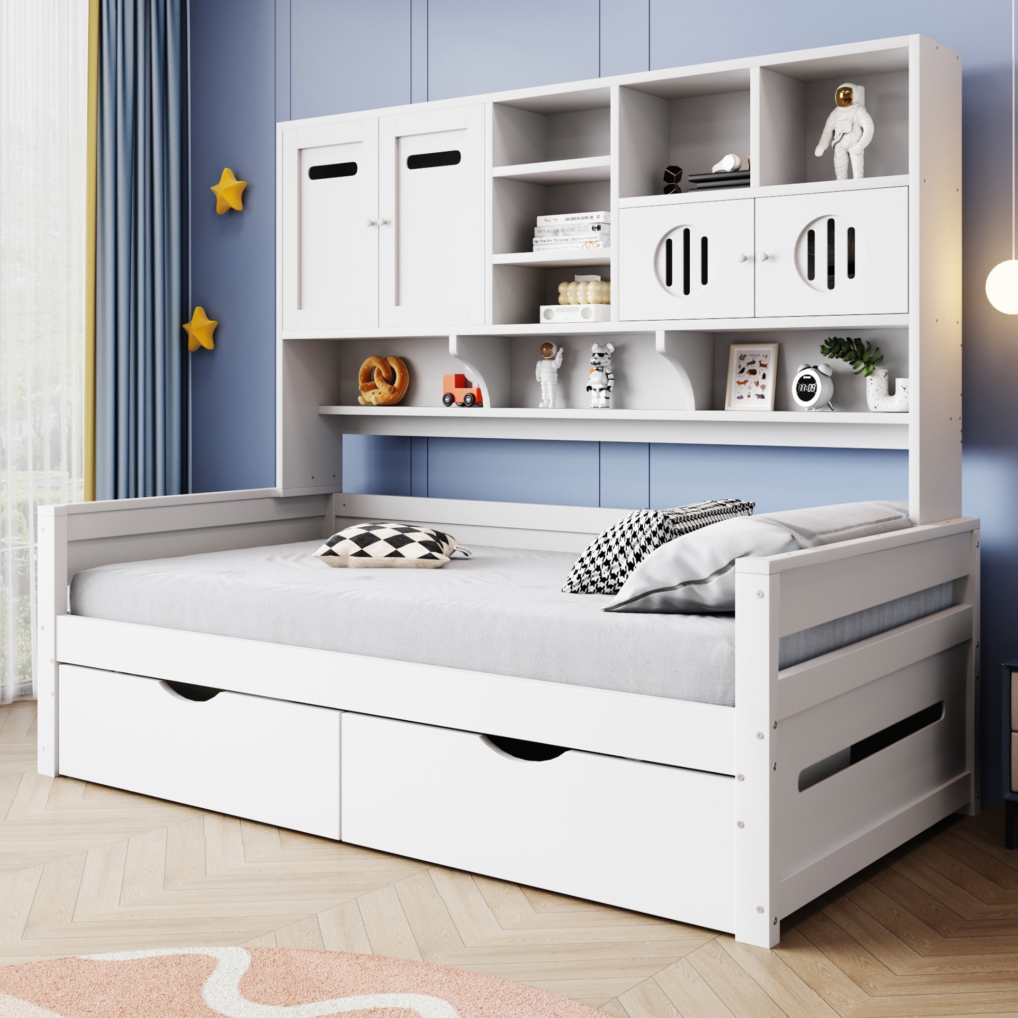 Wooden Sofa Bed, 90x200cm Multifunctional with Large Drawer & Slatted Frame, White