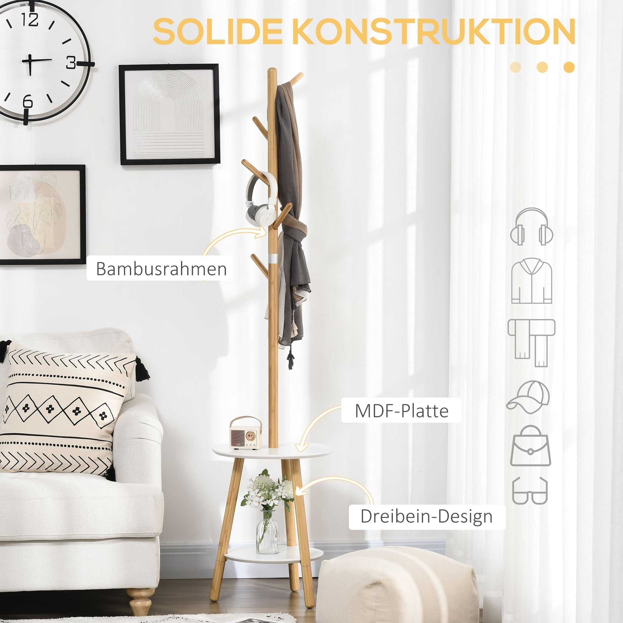 Garderobenständer, 5 Haken, Beistelltisch, 171cm, Naturweiß