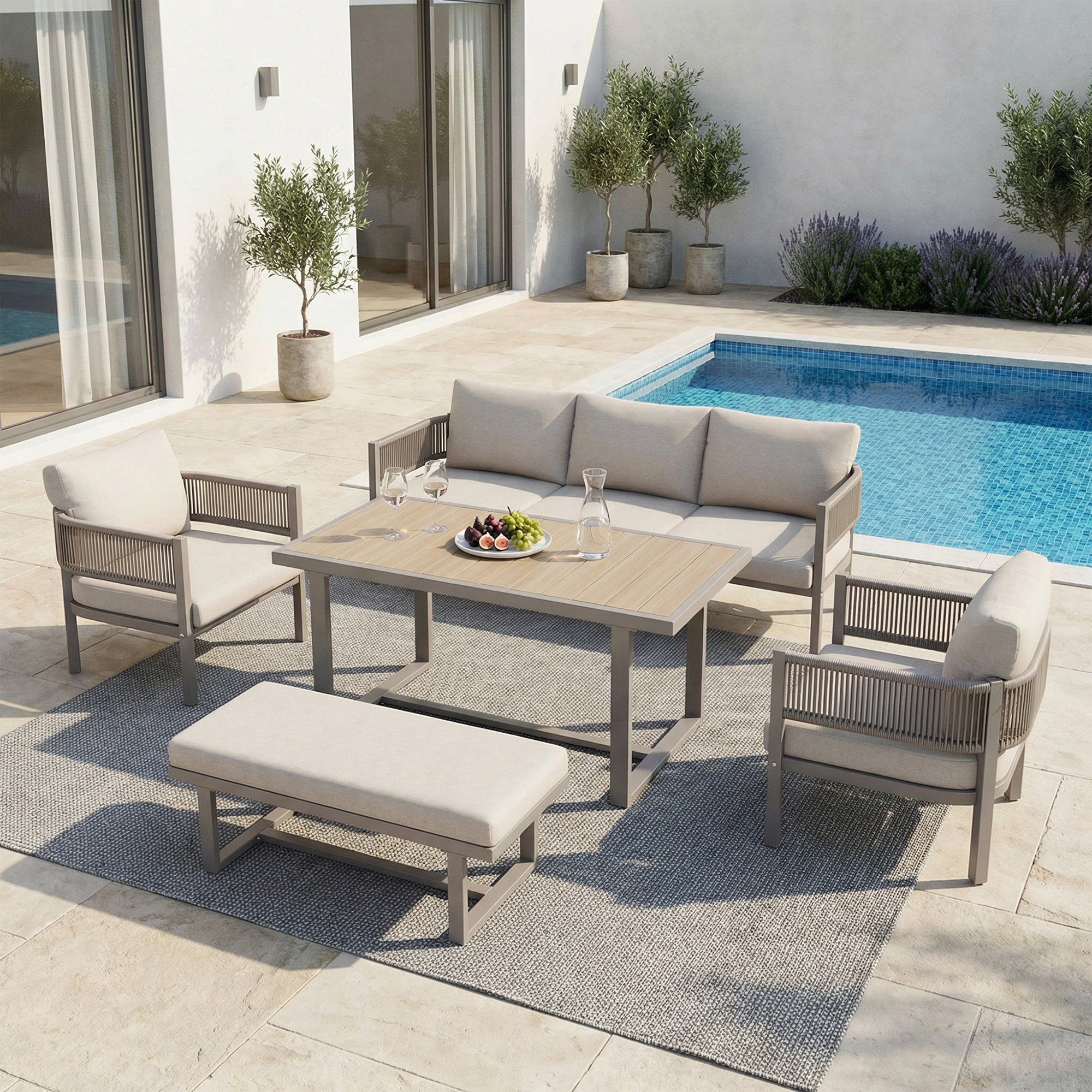 Garden Lounge Set with 3-Seater Sofa, 2 Armchairs, Bench and Dining Table, Beige PE Woven Rope and WPC Tabletop