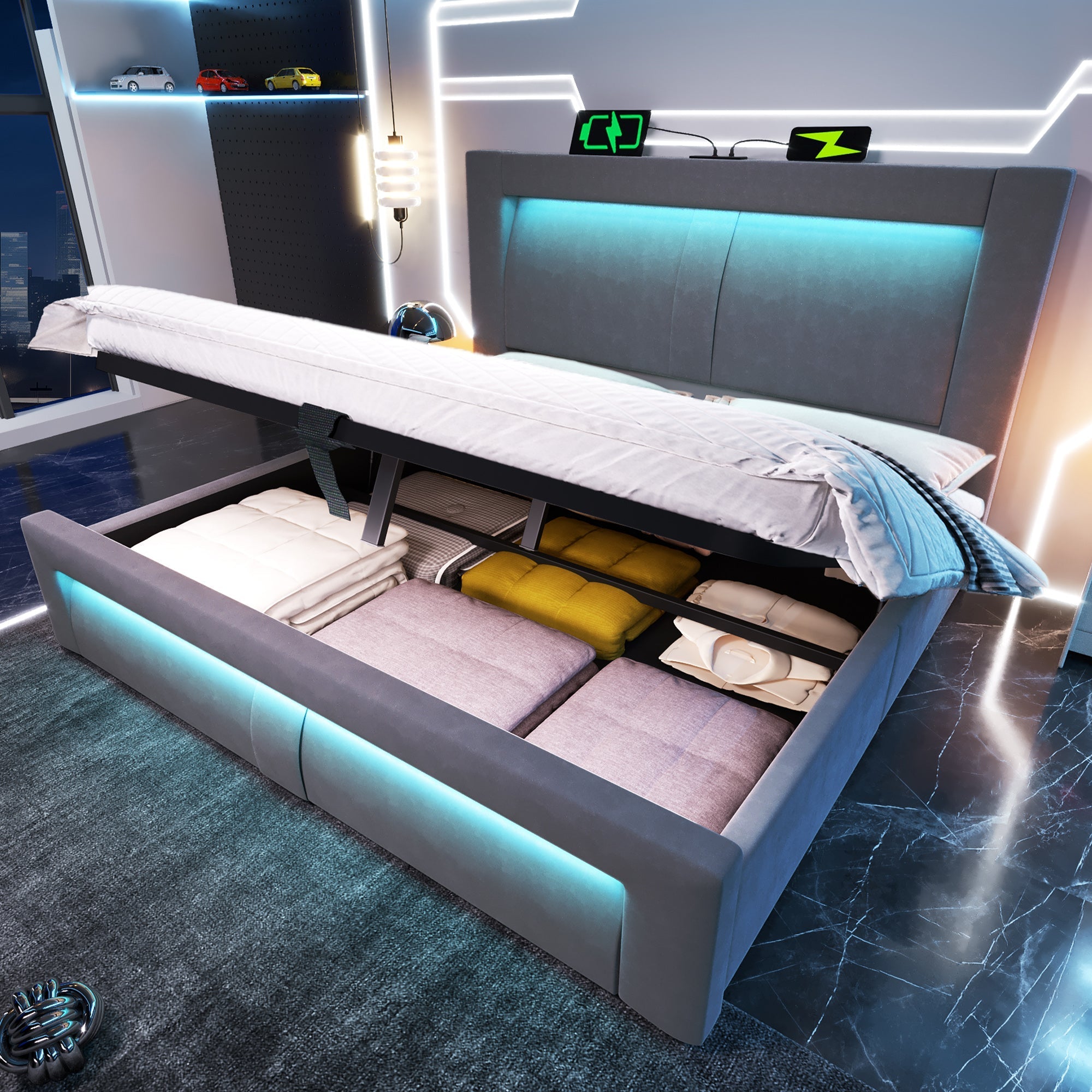 Double Bed with Hydraulic Storage, LED Lighting and USB Charging Ports, Gray Velvet