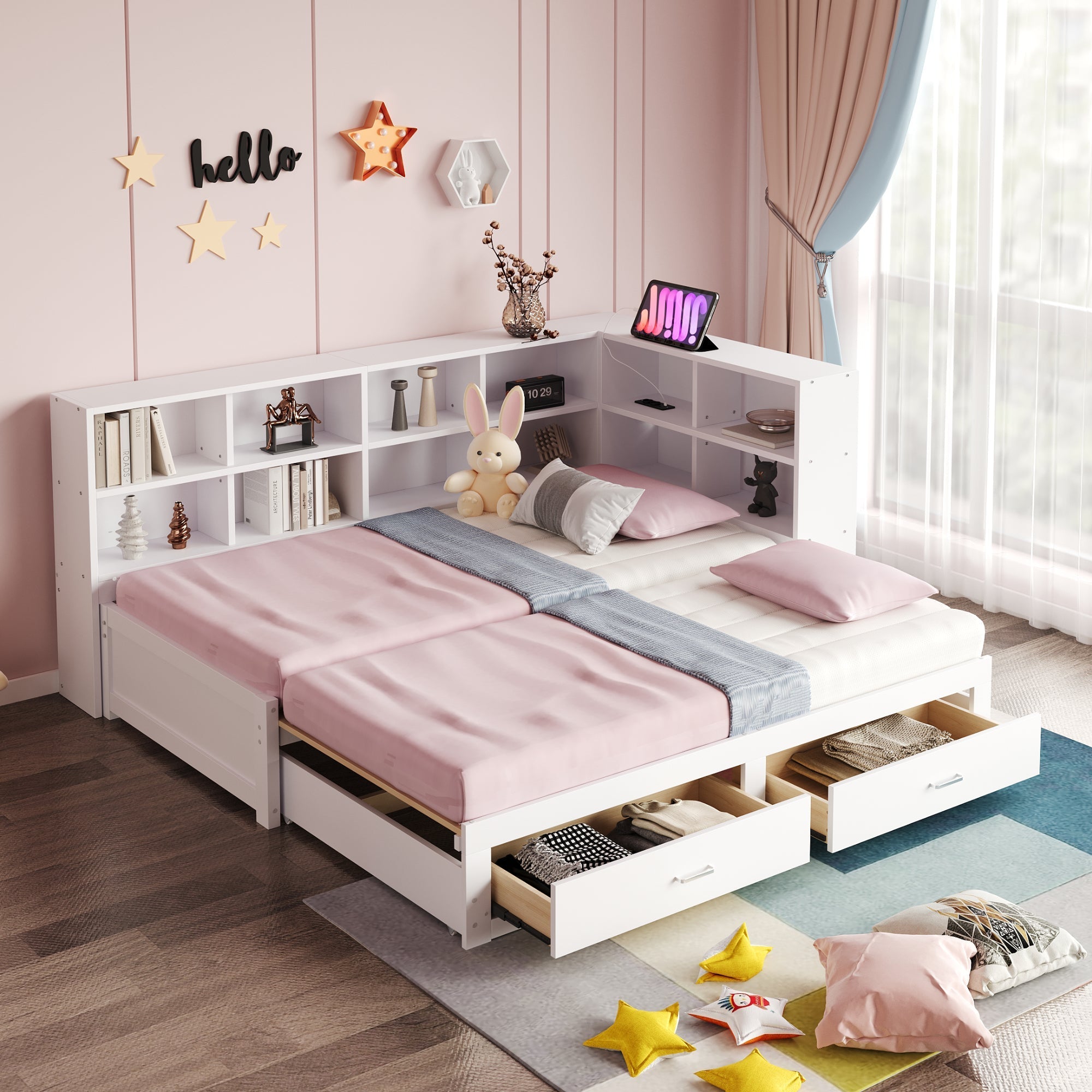 Solid Wood Sofa Bed 90/180*190cm Pull-Out Storage Drawers, White