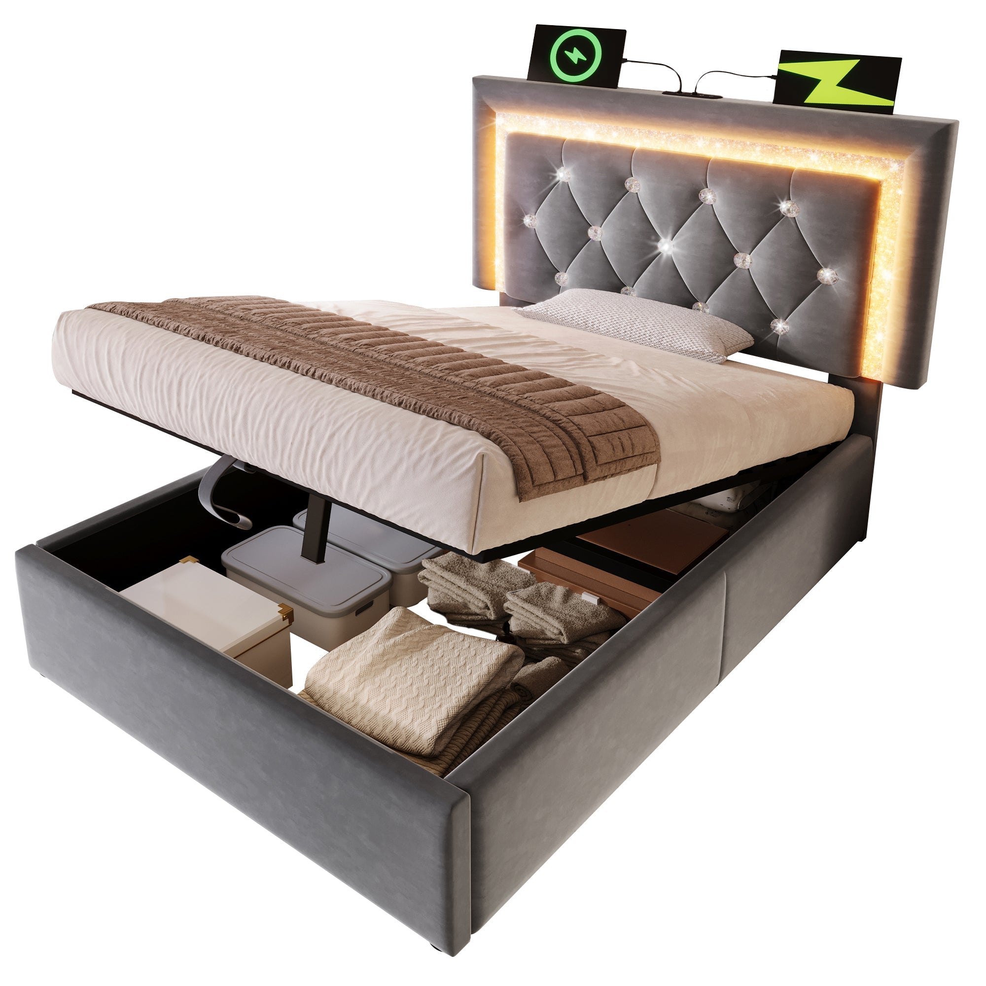 Upholstered Single Bed 90x200cm Hydraulic Storage LED USB Velvet Grey