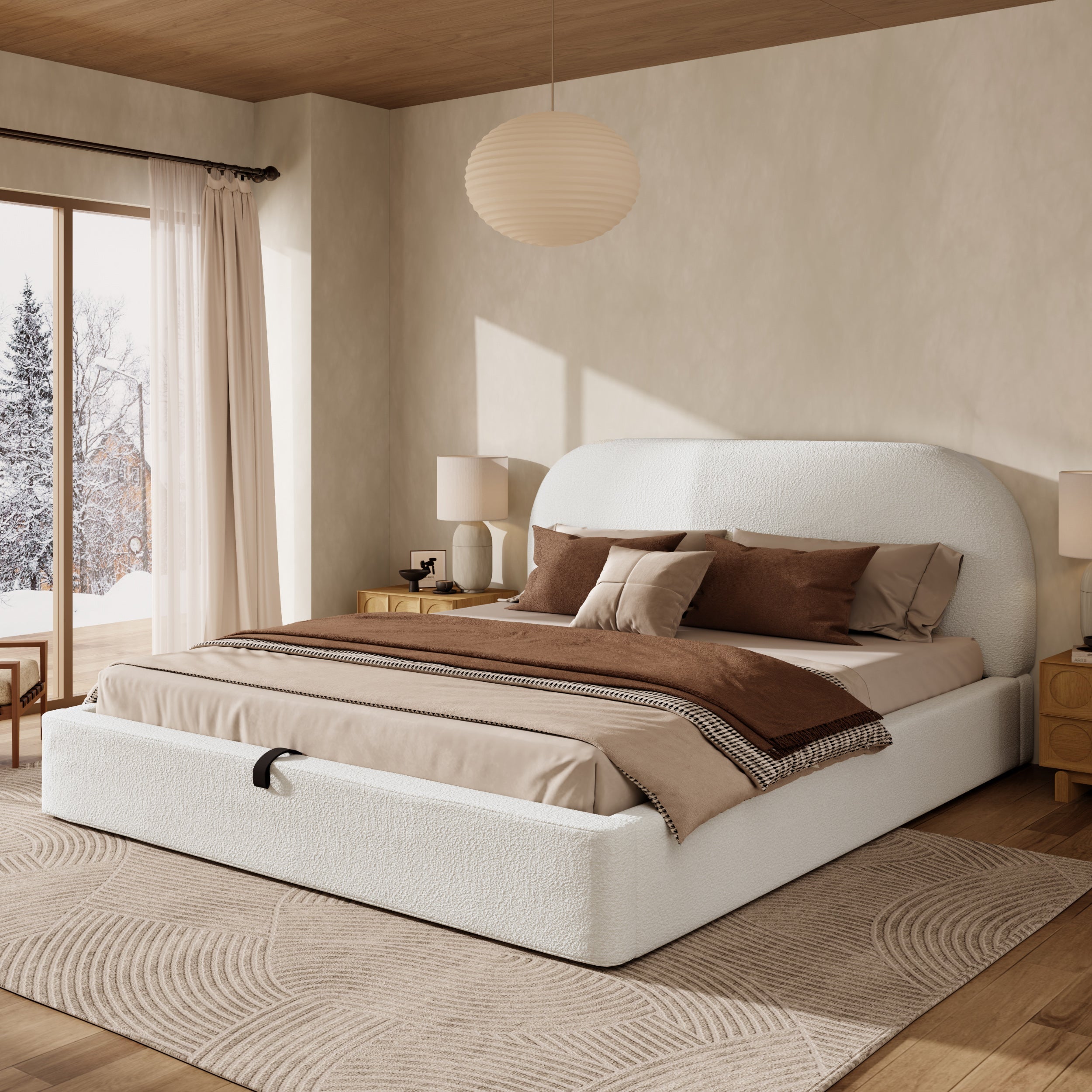 Upholstered Double Bed, 180x200cm Hydraulic Storage Headboard, Beige Bouclé