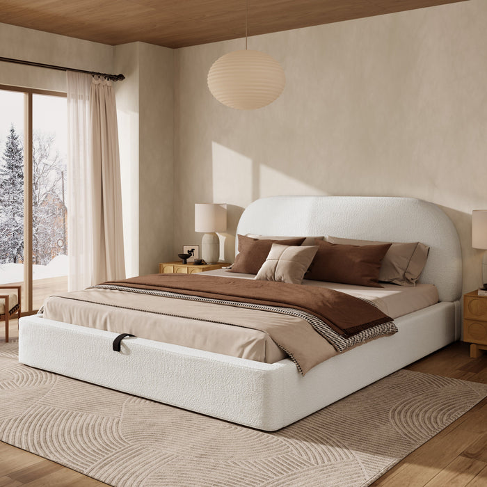 Upholstered Double Bed 180x200cm with Hydraulic Storage and Slatted Base, Beige Bouclé