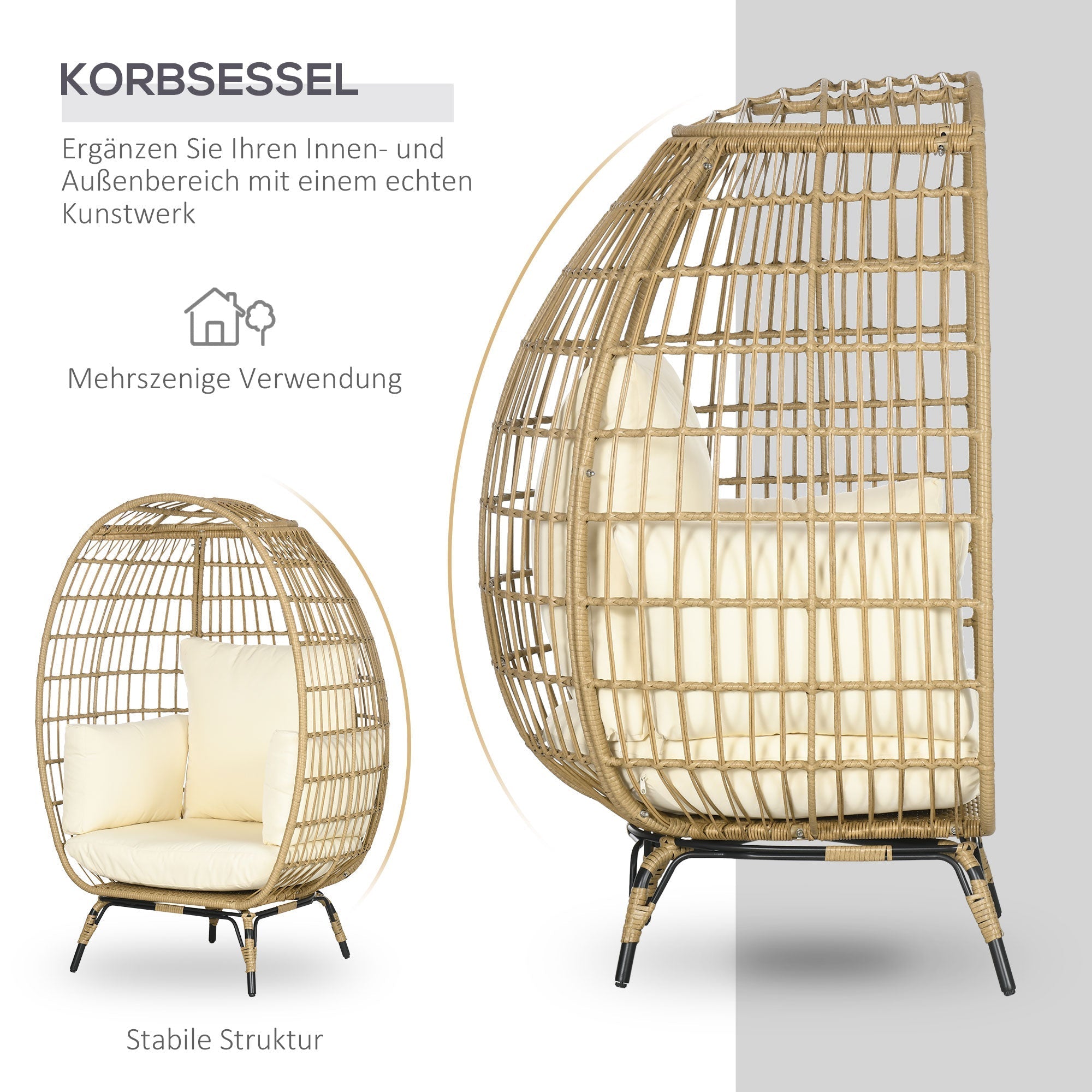 Rattan Chair Basket Shape with Seat Cushion Raised Garden Khaki Metal