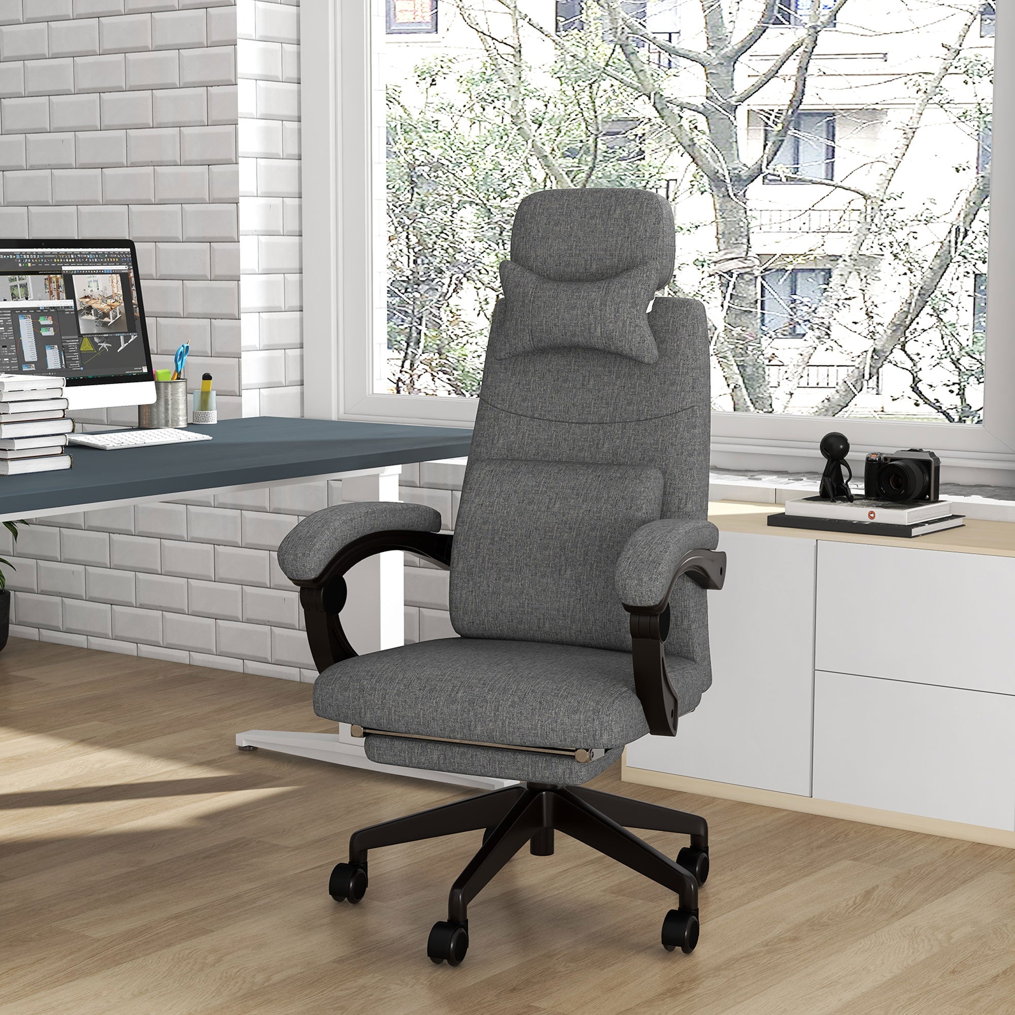 Linen-Look Office Chair with 160° Reclining Back and Footrest - Grey