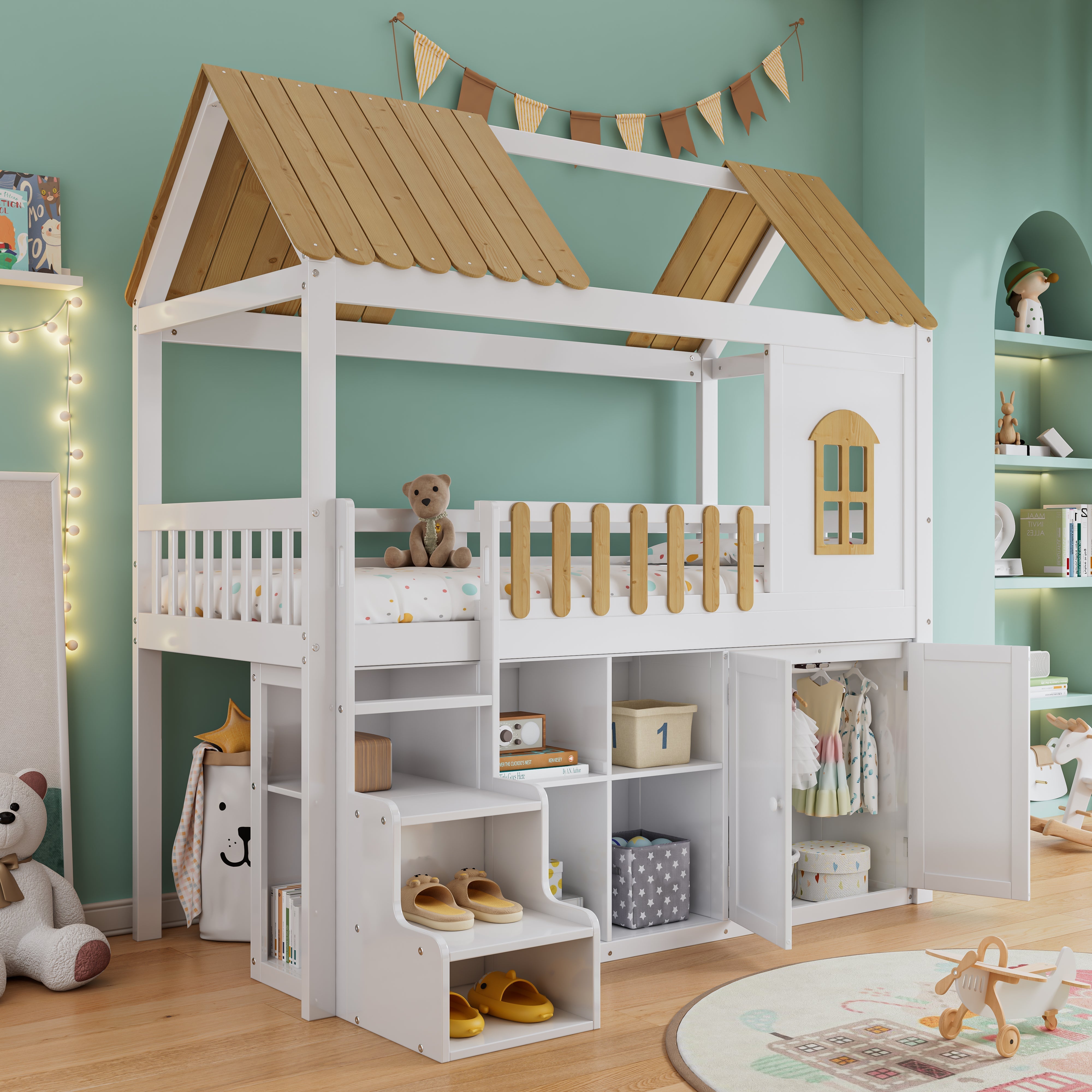 Bunk Bed, Storage, Wardrobe, Shoe Cabinet, Safe Steps, Pine, White & Natural