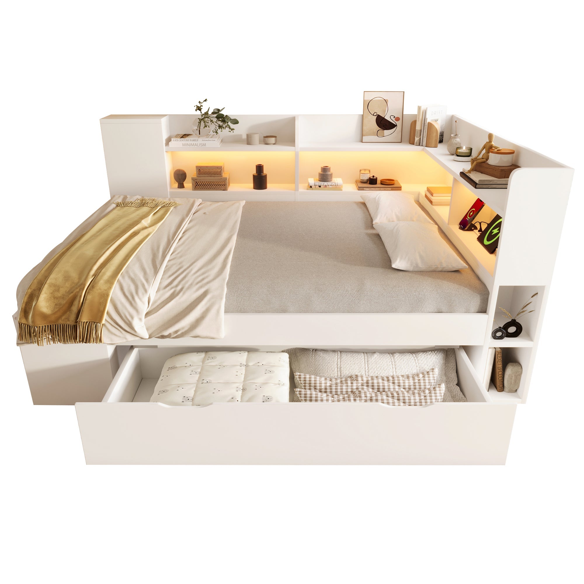 Daybed with LED, Charging Station and Storage, 140x200cm, White Wood-based Material