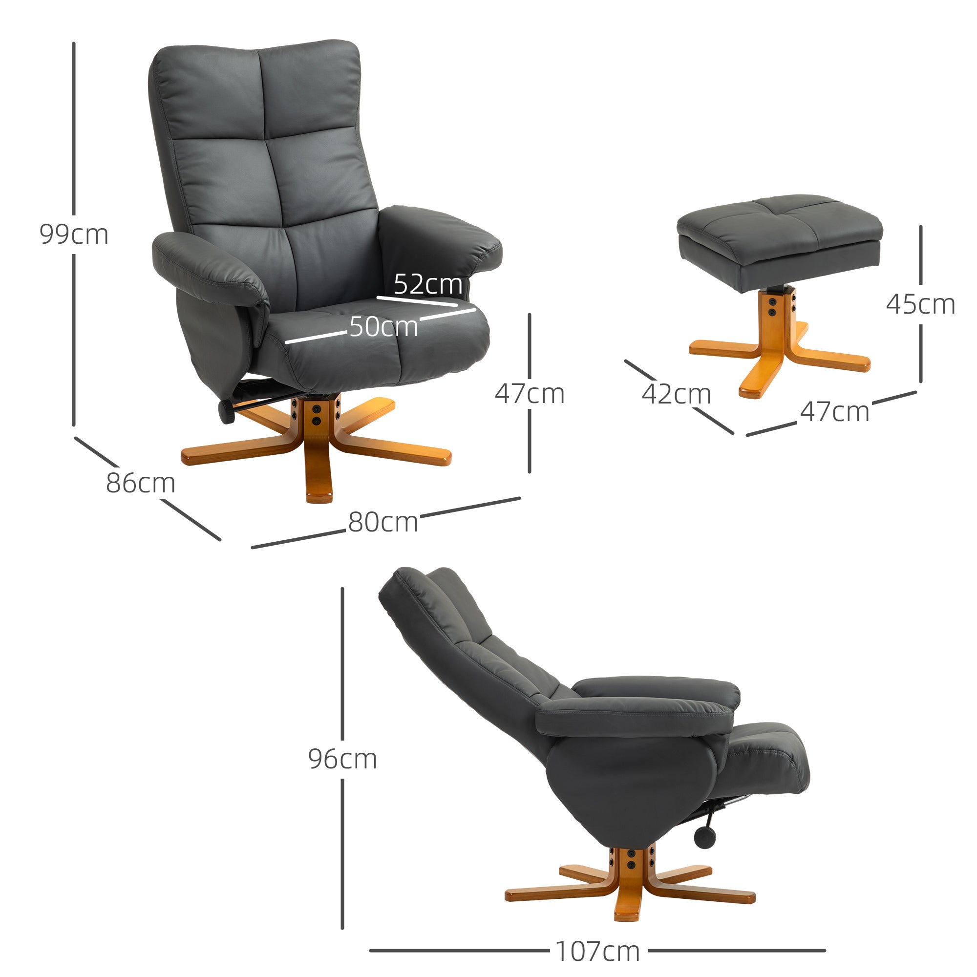 Reclining Armchair with Footstool, 360° Swivel, Storage, Faux Leather Dark Grey