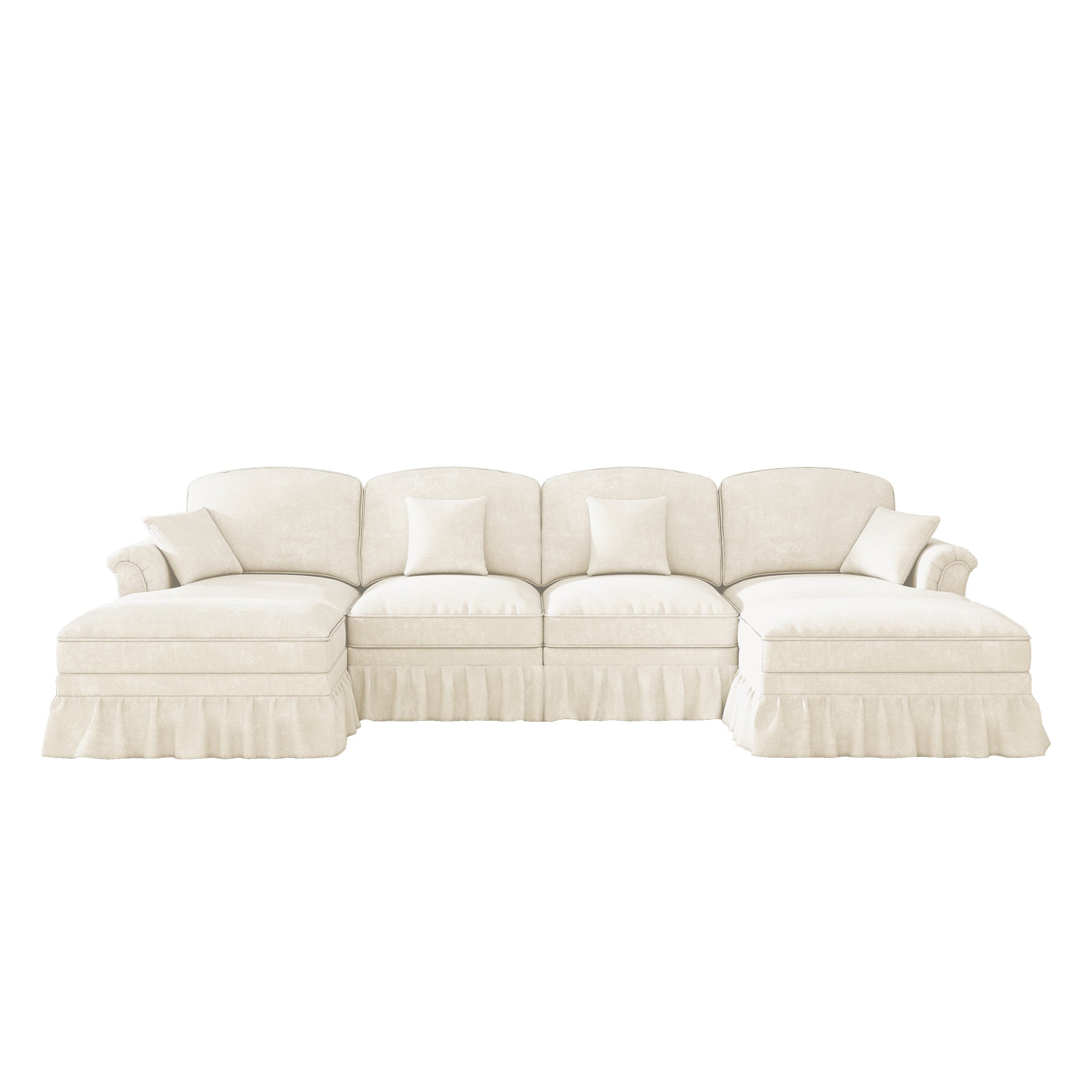 Modular U-Shaped Sofa 4-Seater Movable Ottoman Removable Apron - White Chenille