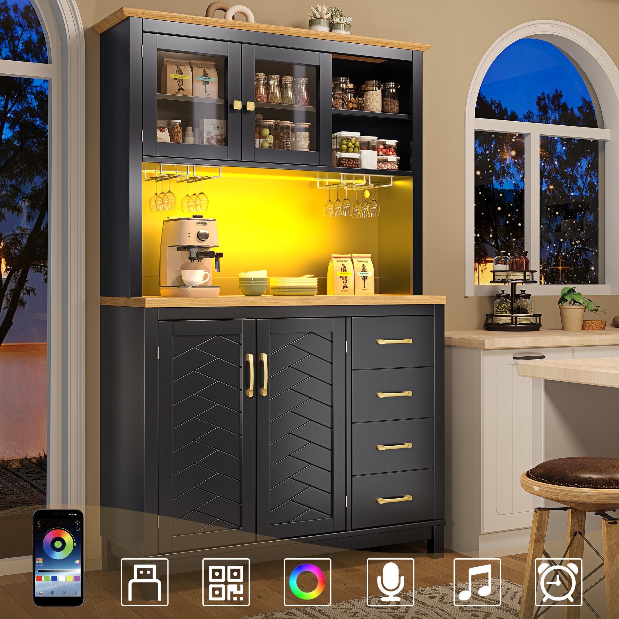 Sideboard Kitchen Buffet Cabinet with LED Lights and Drink Holders, Green, Black and White