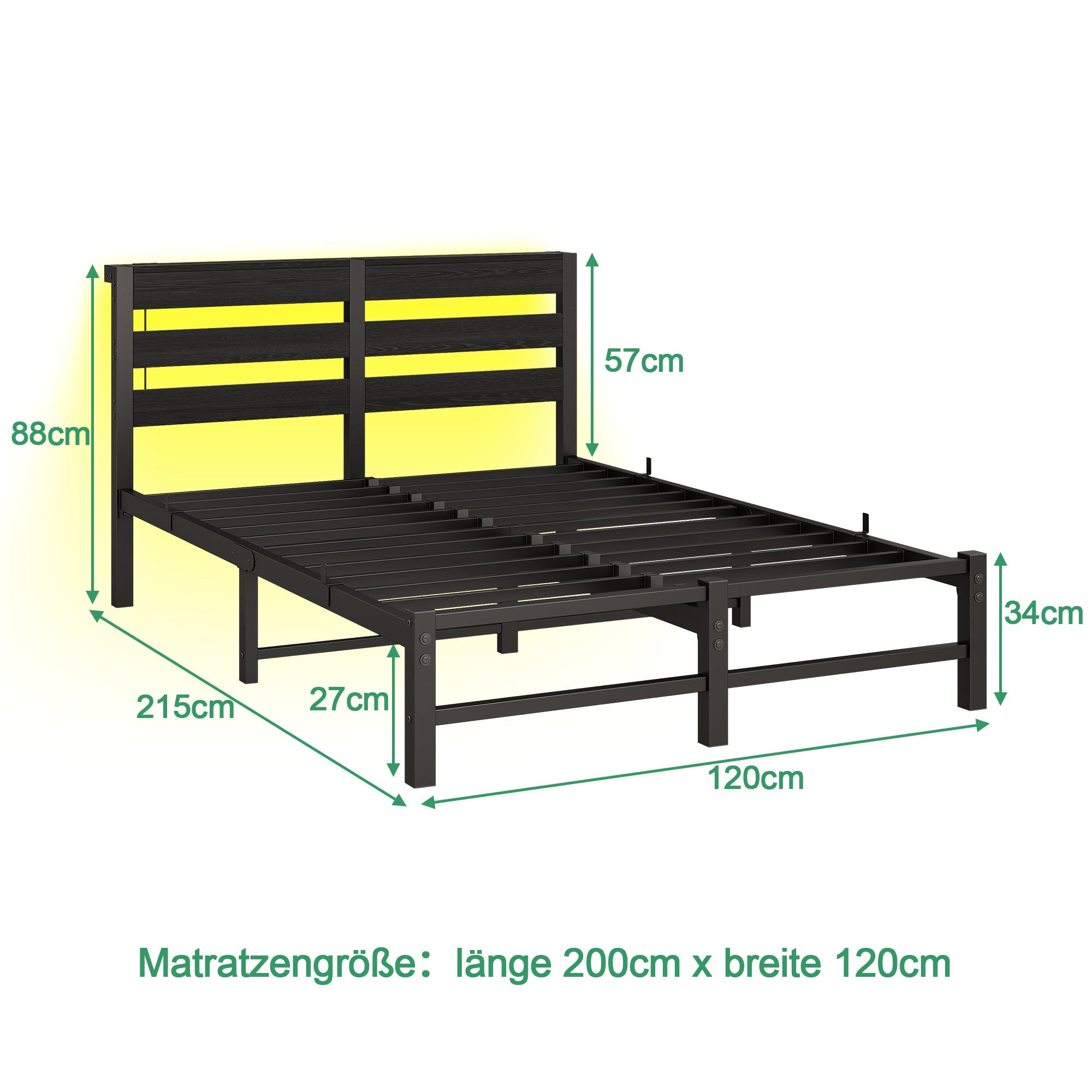 Metal Bed 120x200 LED USB Charging Under-Bed Storage - Metal