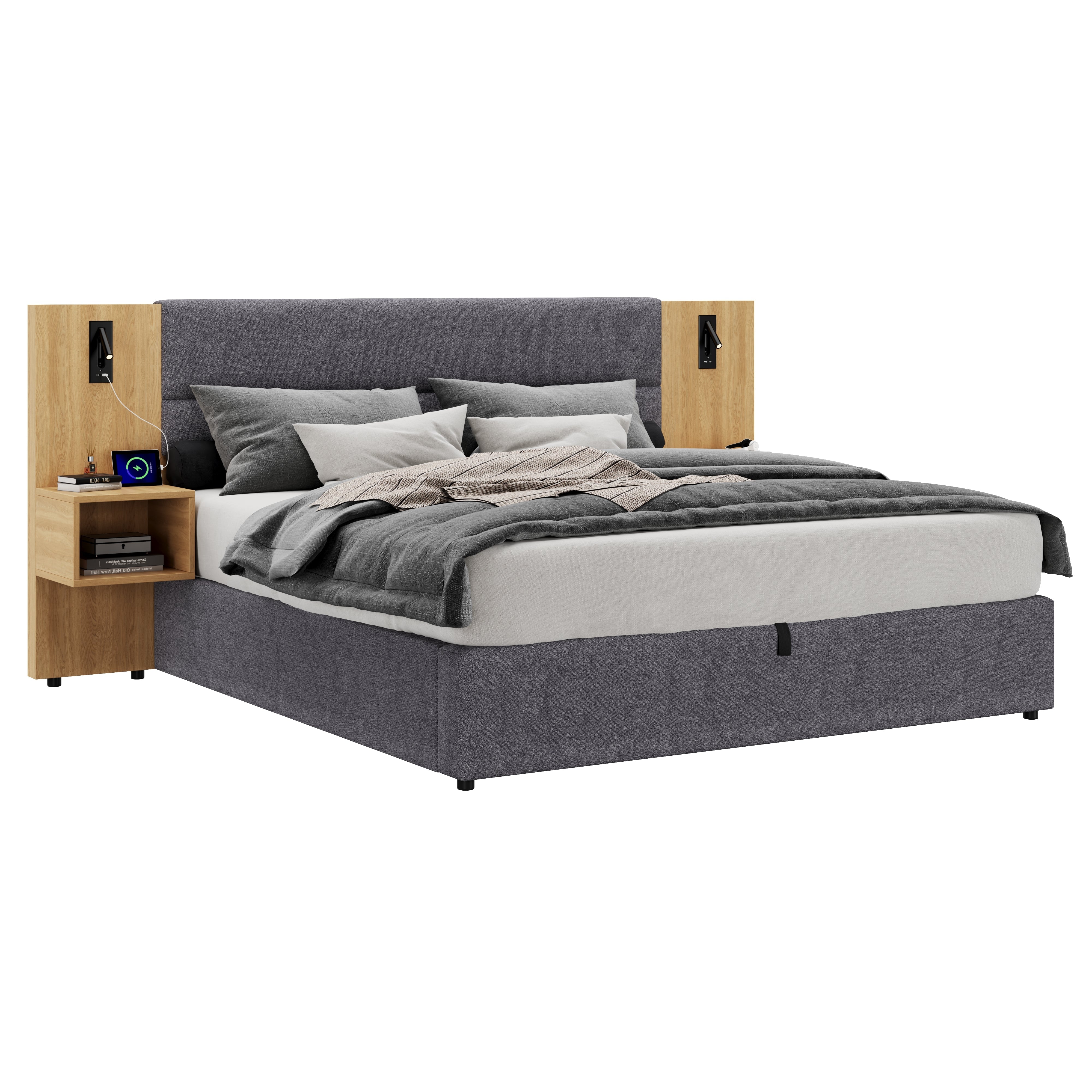 Upholstered Bed 180x200cm Hydraulic Storage USB LED 2 Bedside Tables - Velvet Grey/Natural