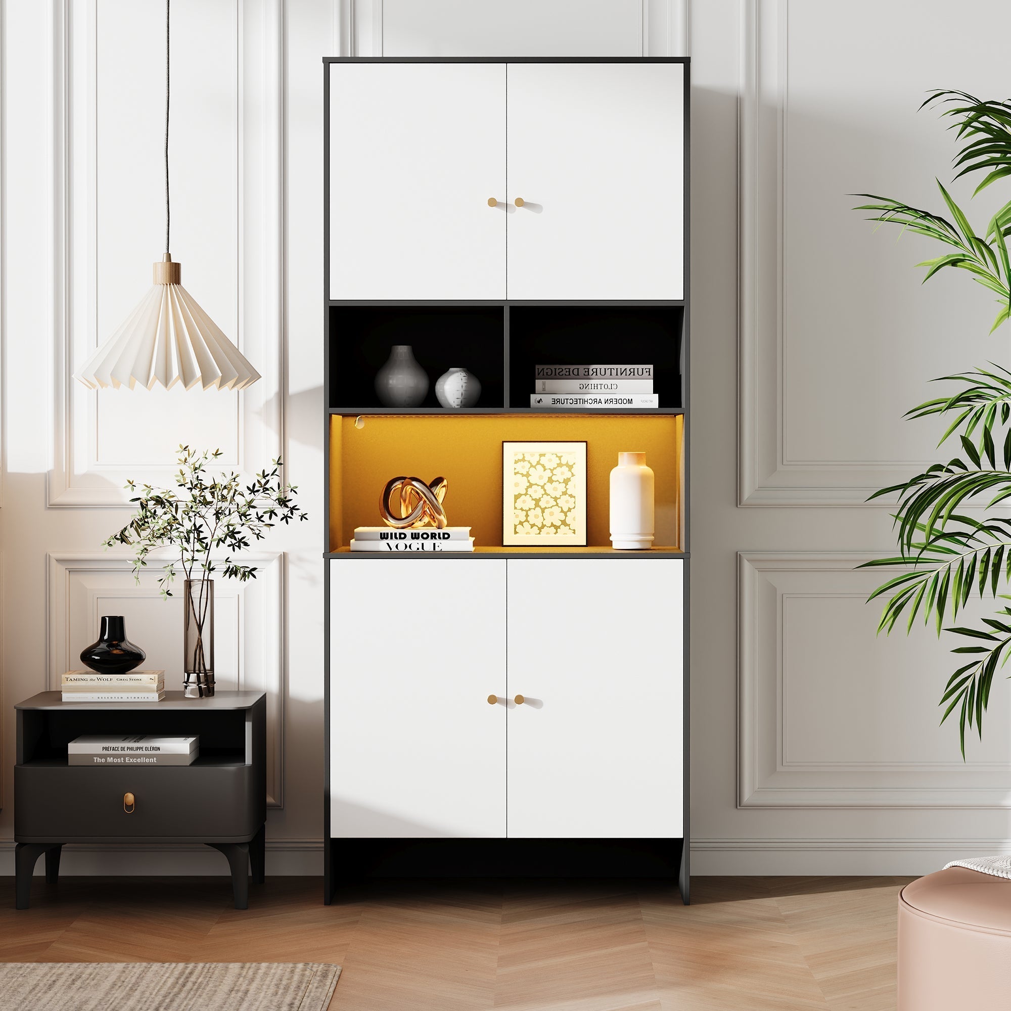 Multi-purpose Cabinet with 4 Doors and 3 Open Compartments, Black and White Wood
