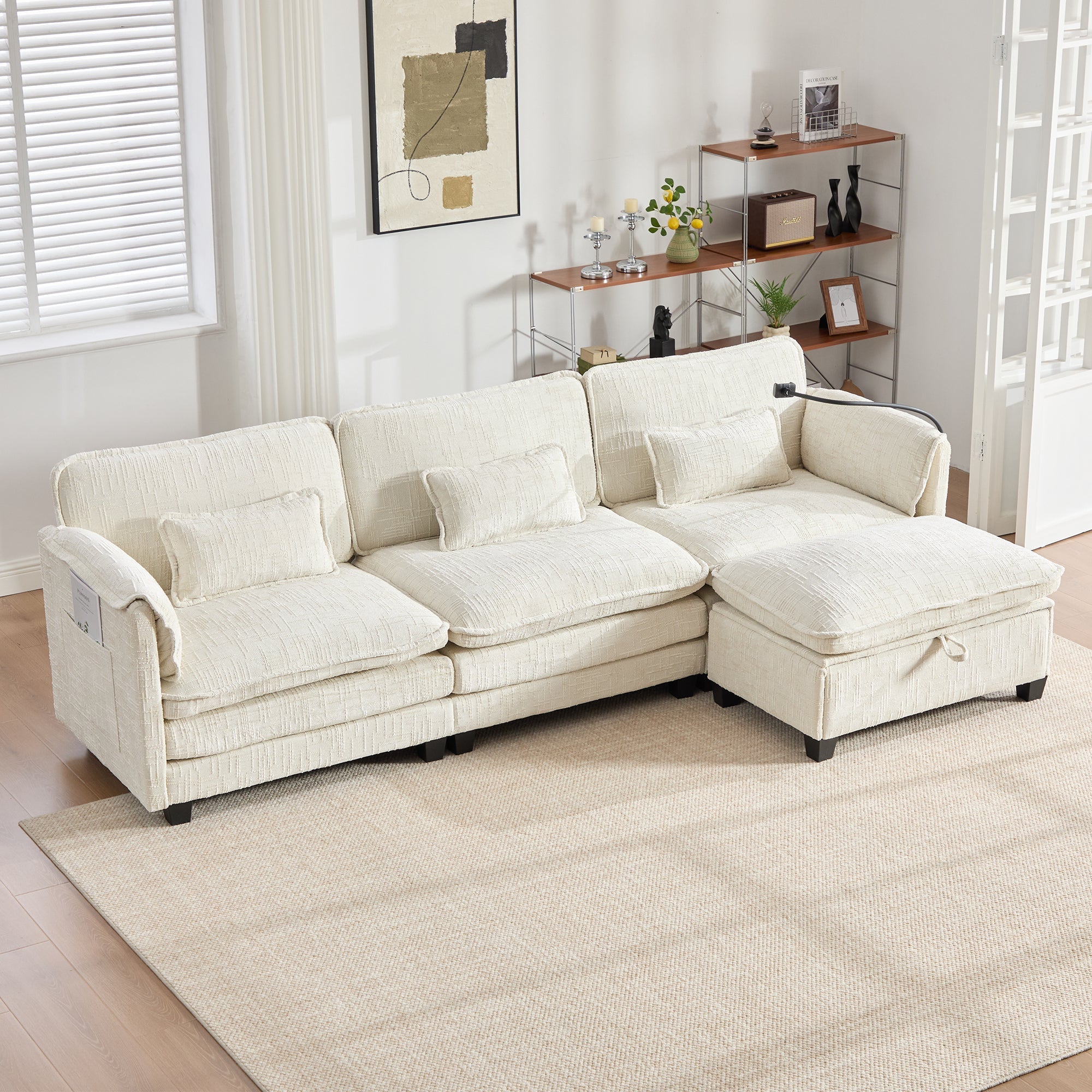 Modern 2-Seater Sofa USB Port Side Pocket Modular Footstool, Chenille Beige