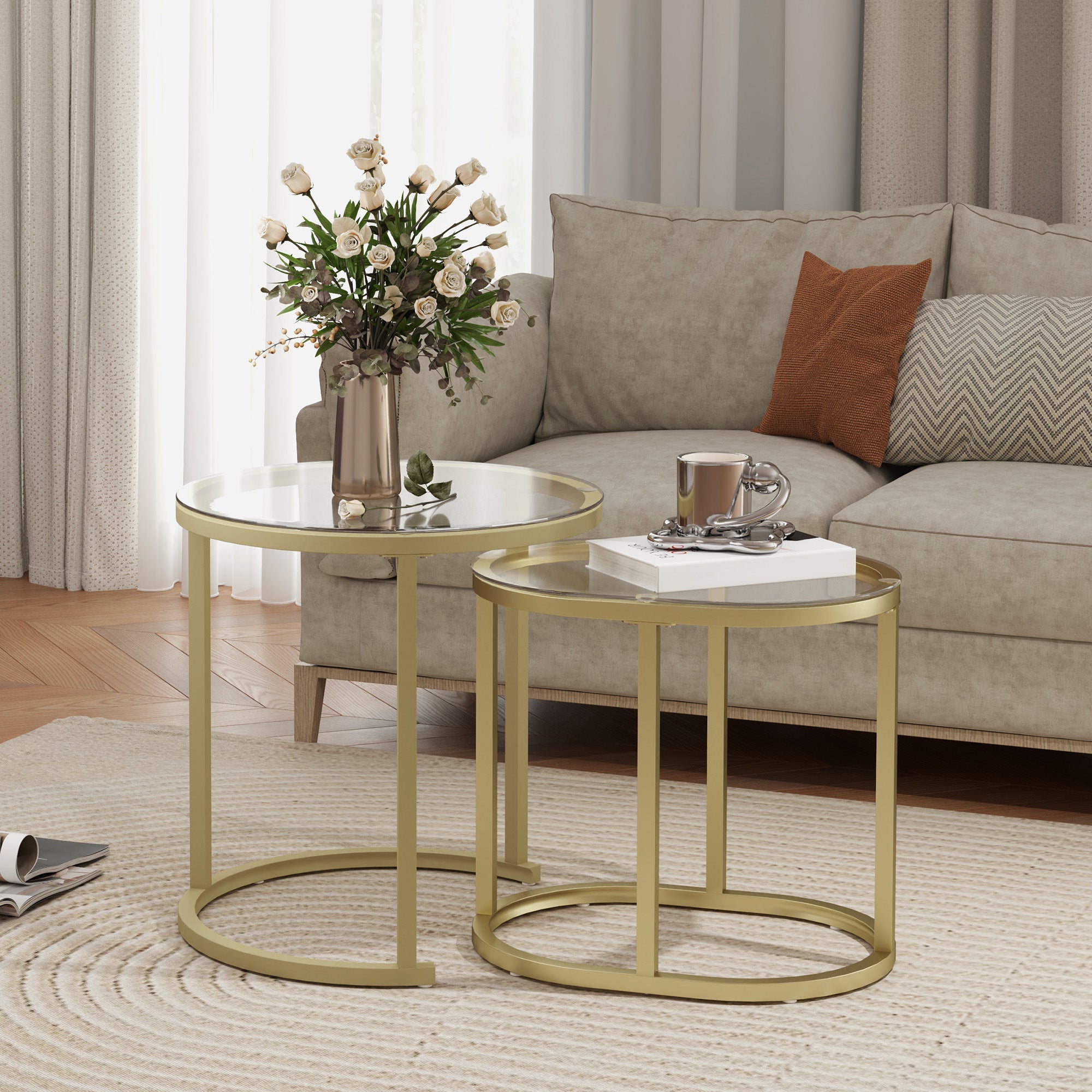 Round coffee table set of 2, stackable side table with steel frame, gold