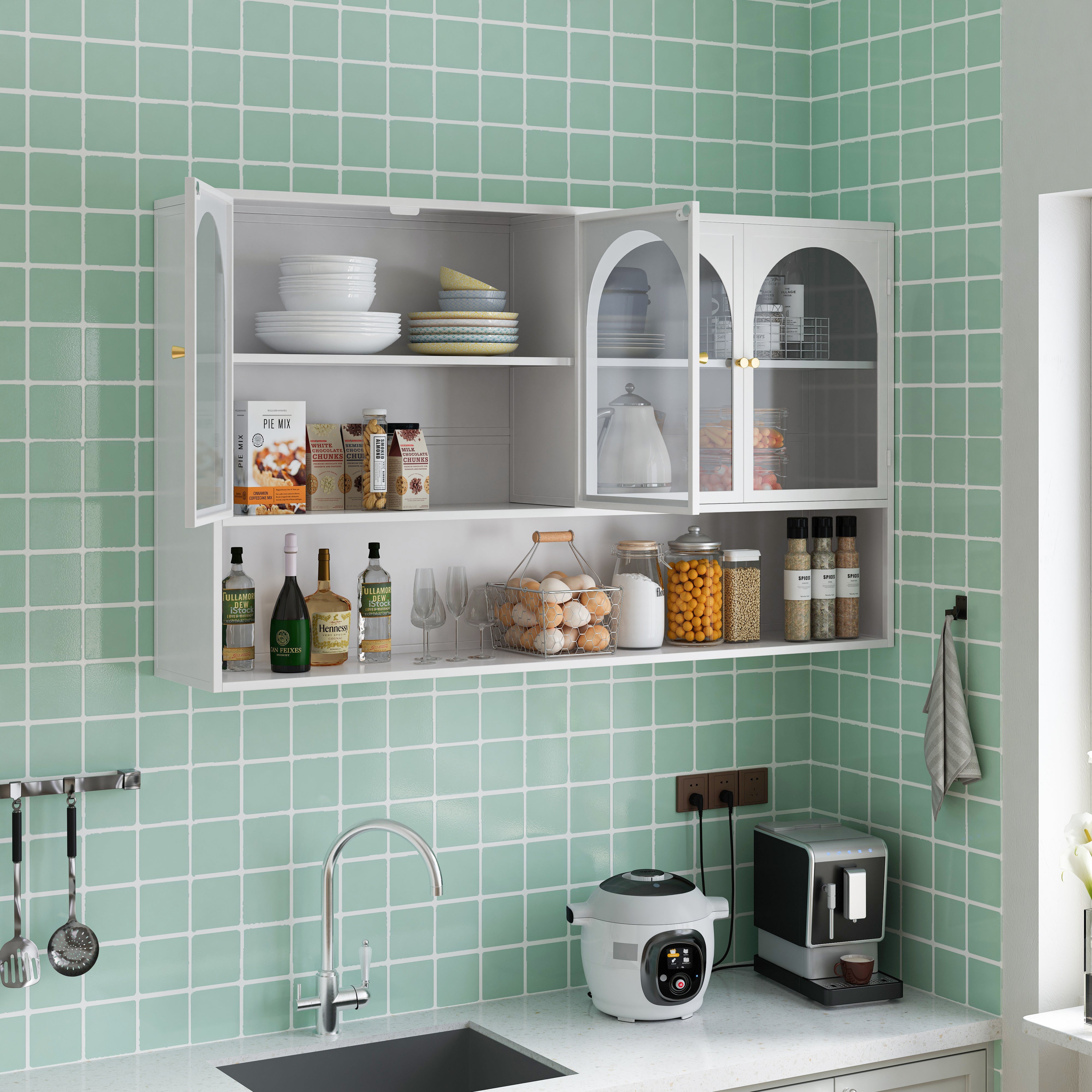 Four-door Wall Cabinet, 120CM Glass Storage, White