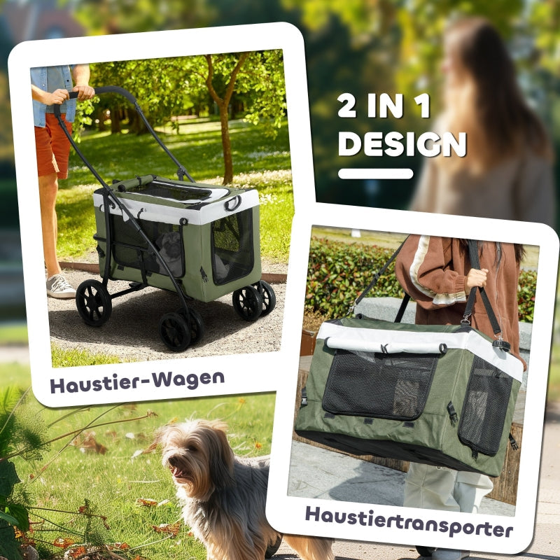 PawHut 2-in-1 dog stroller & buggy, foldable, for dogs & cats up to 10 kg, dark green