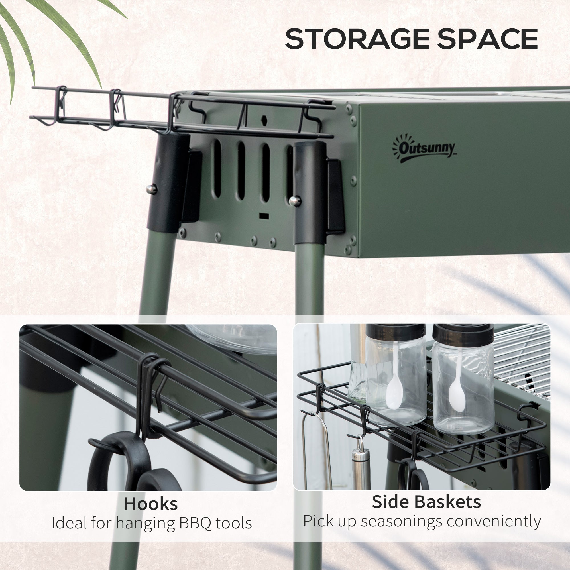 Portable Charcoal BBQ Grill with Seasoning Baskets and Hooks, Stainless Steel