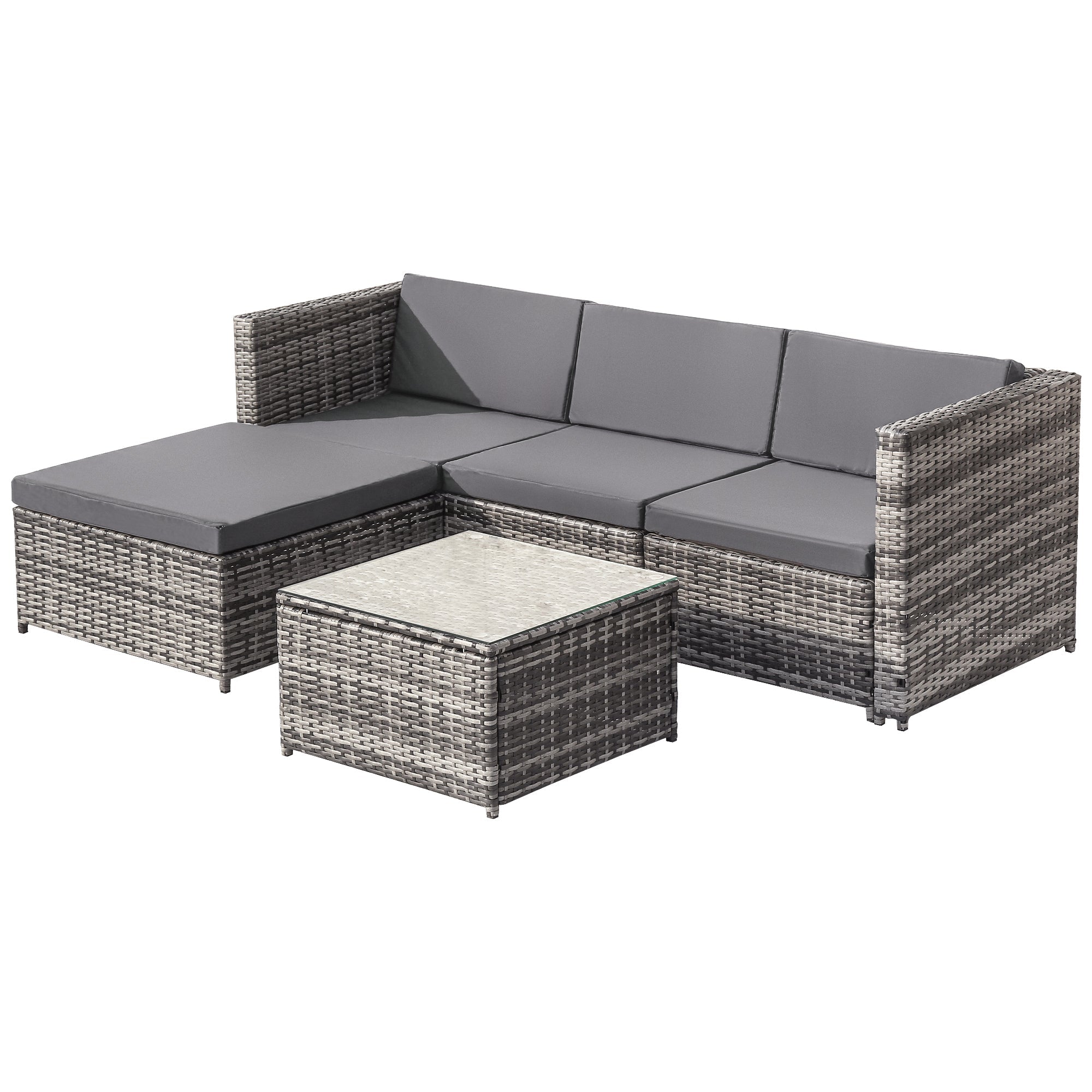 Rattan Outdoor Furniture Set with Lounge Sofa, Ottoman & Coffee Table, Grey
