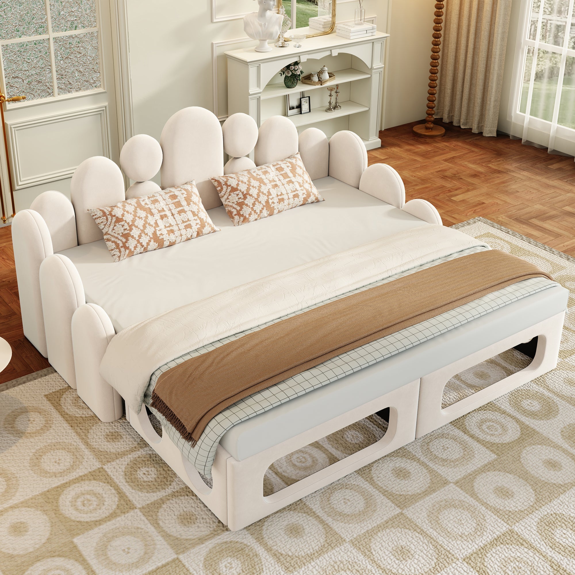 Upholstered Sofa Bed with Pet Bed, 2-in-1 Multifunctional, 180x200cm, Beige Velvet