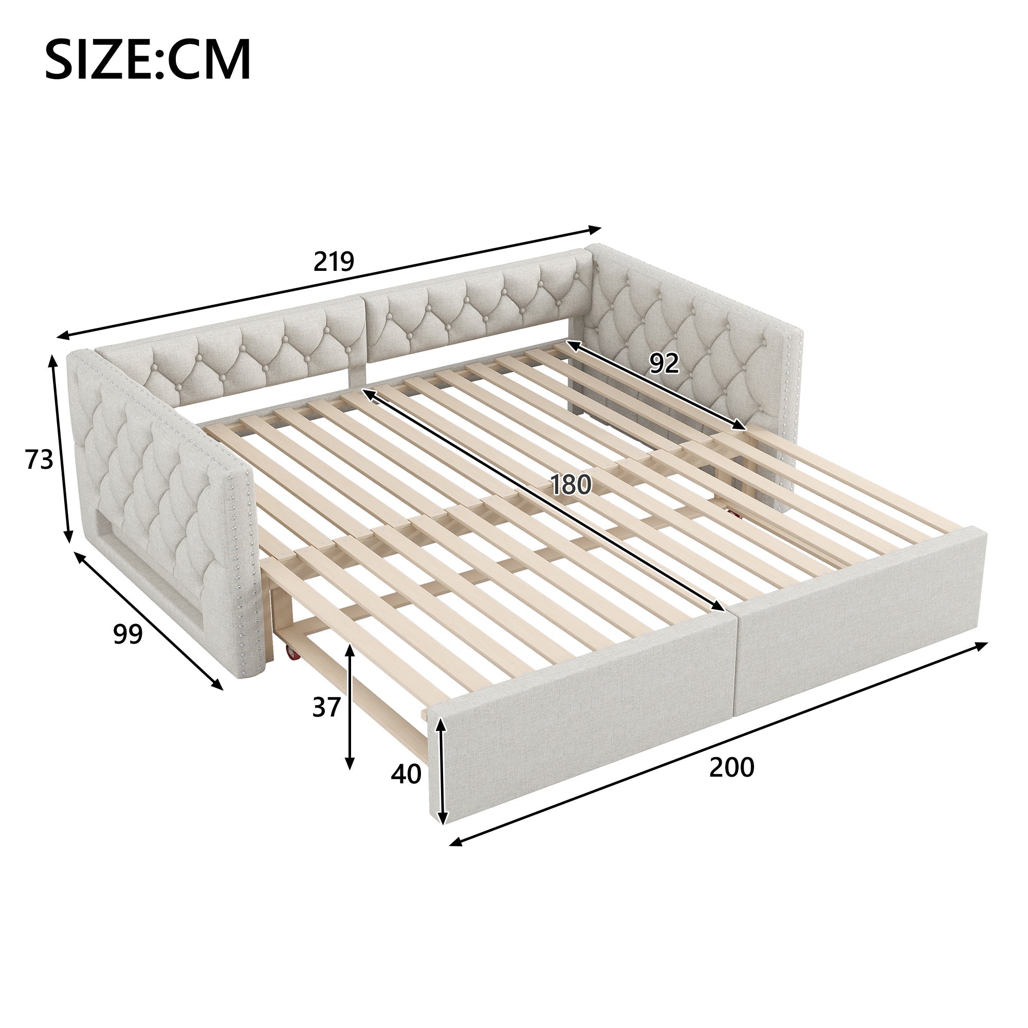 Extendable Daybed 90x200-180x200 Upholstered LED - Beige