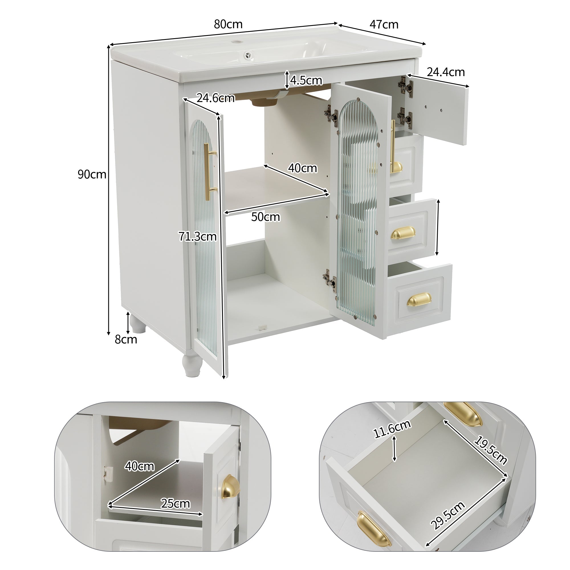 Single Vanity Unit 80cm Base Cabinet Ceramic Washbasin White