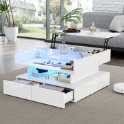 Coffee Table, 80x80x45cm Height-Adjustable Storage LED Lights Tempered Glass, White