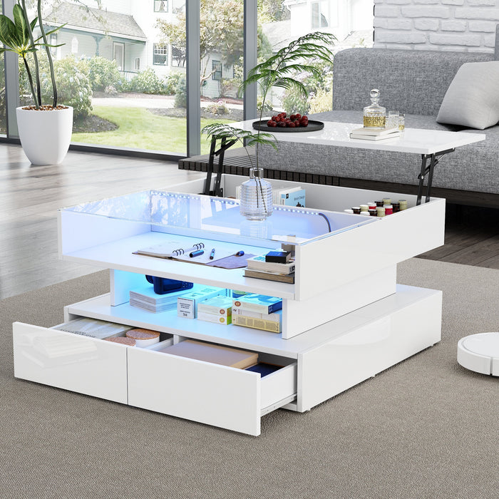 Coffee Table, 80x80x45cm Height-Adjustable Storage LED Lights Tempered Glass, White