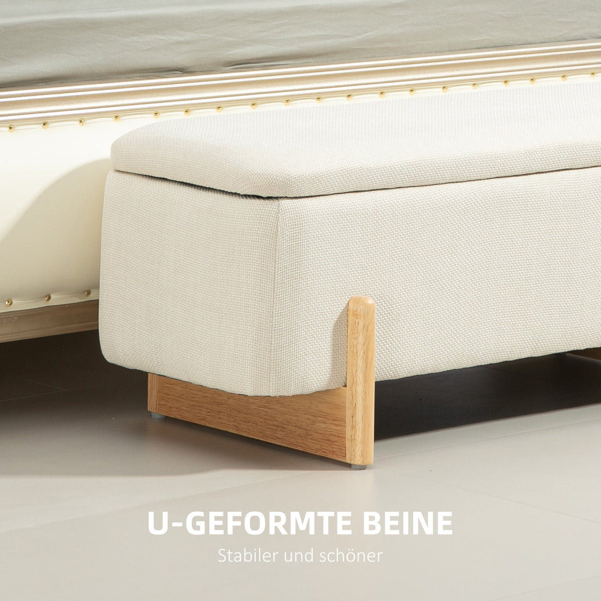 Storage Bench, Upholstered with Safety Hinges & Wooden Legs, Linen Look