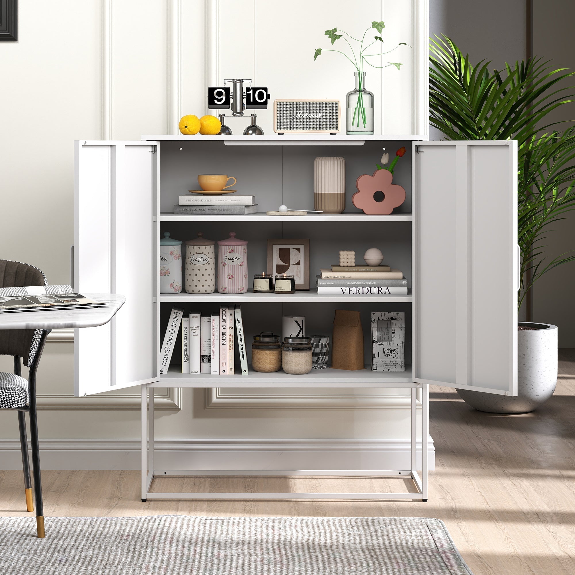 Metal Sideboard 2 Shelves Magnetic Doors Freestanding - White