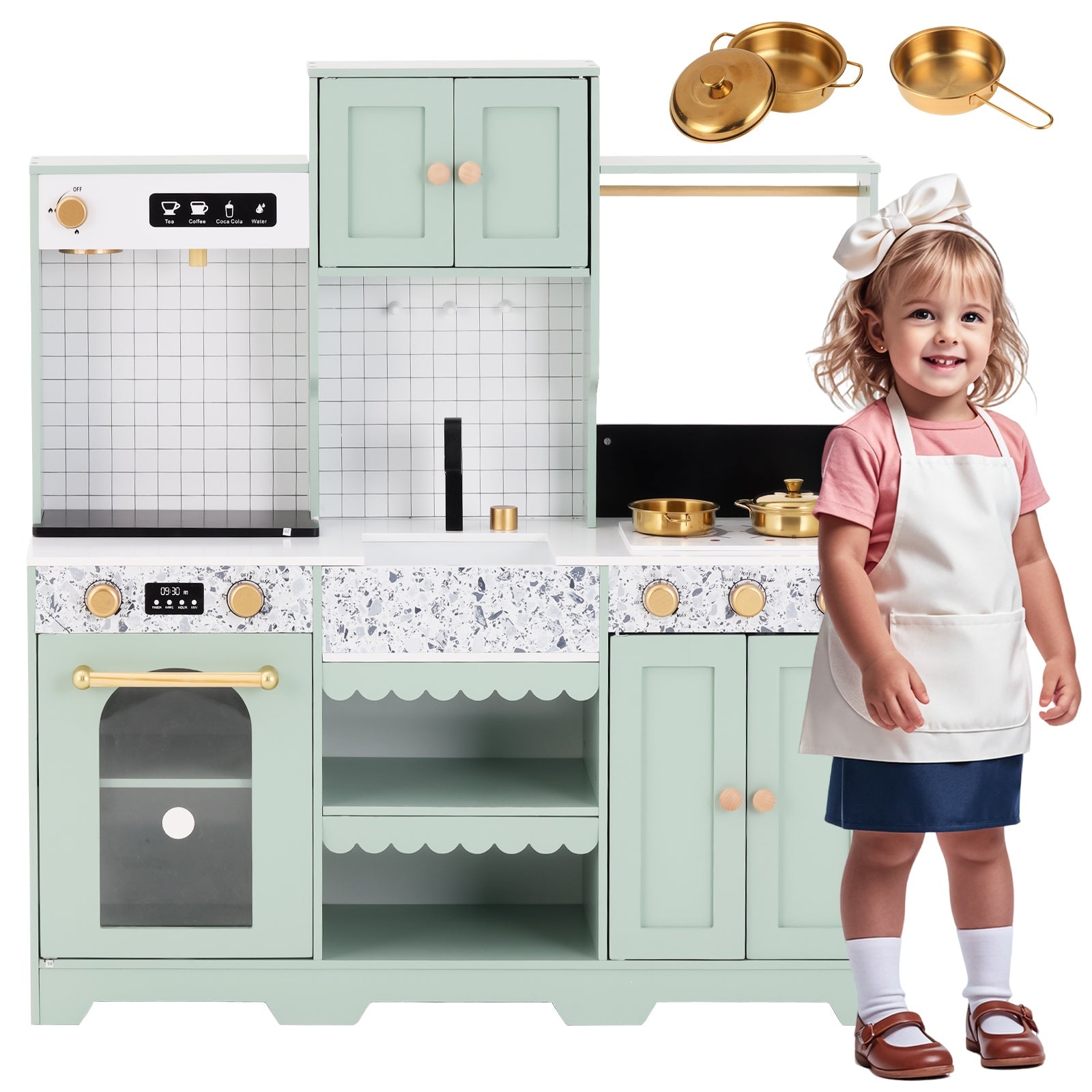 Children's Play Kitchen with Accessories and Creative Design, Green Wood and Plastic