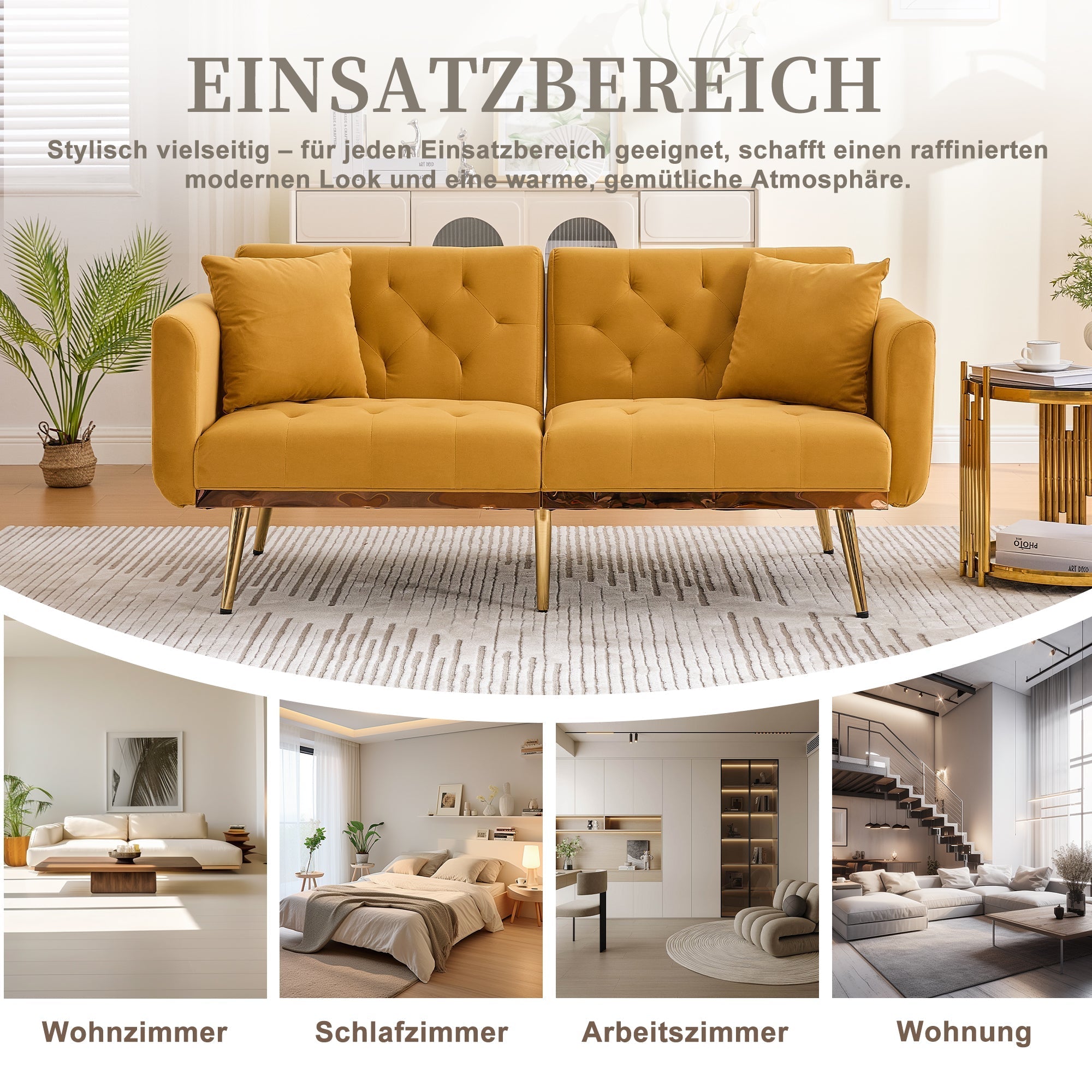 Double Sofa, Modern Velvet with Adjustable Backrest, Mustard Yellow