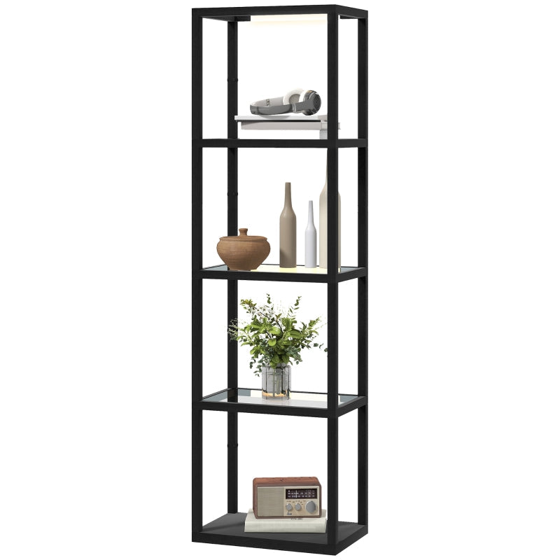 LED Floor Lamp, 4-tier Shelf with Glass Compartments, Foot Switch, Black MDF