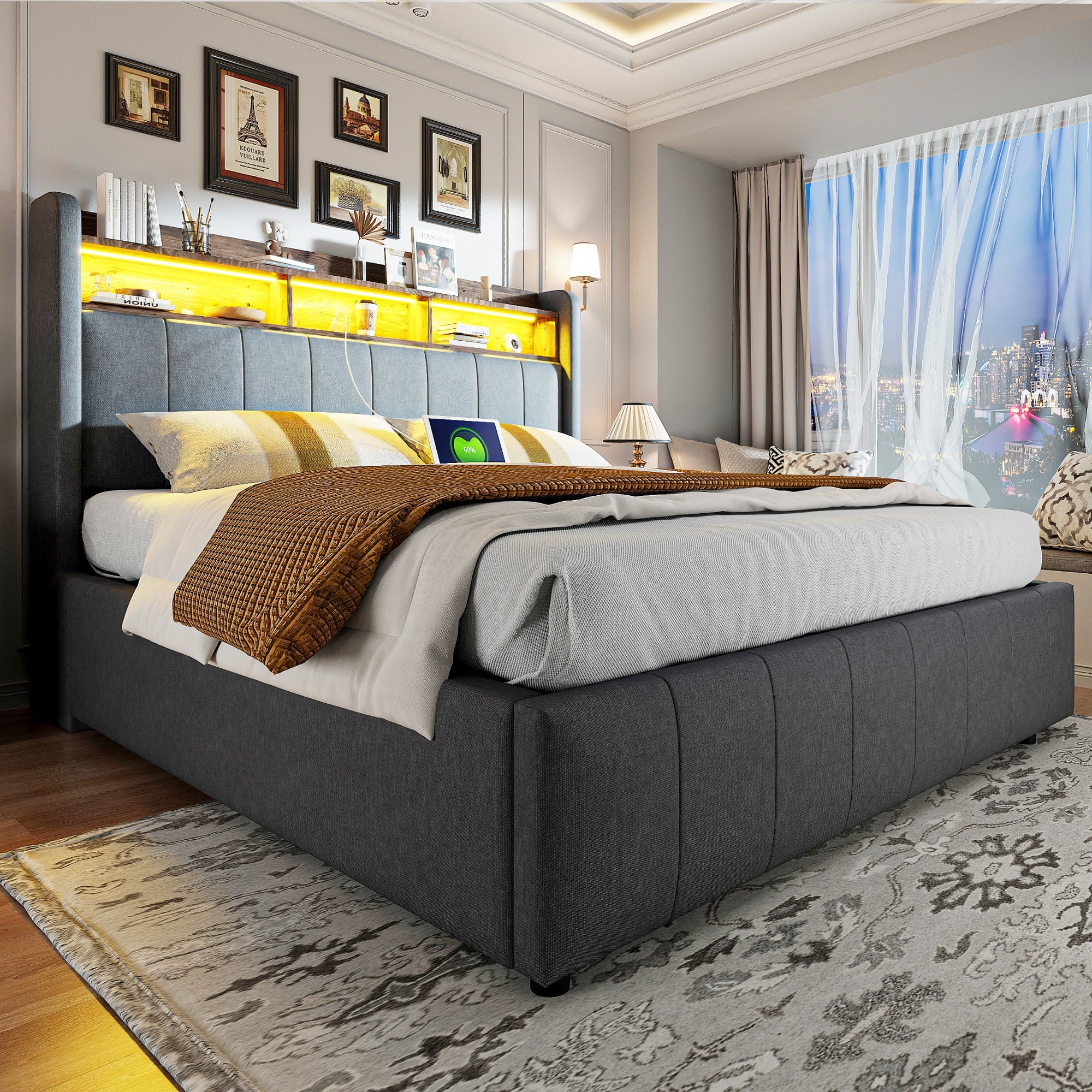 Upholstered Bed 160*200cm, LED Lighting, USB Socket, Hydraulic Storage, Linen Fabric Gray