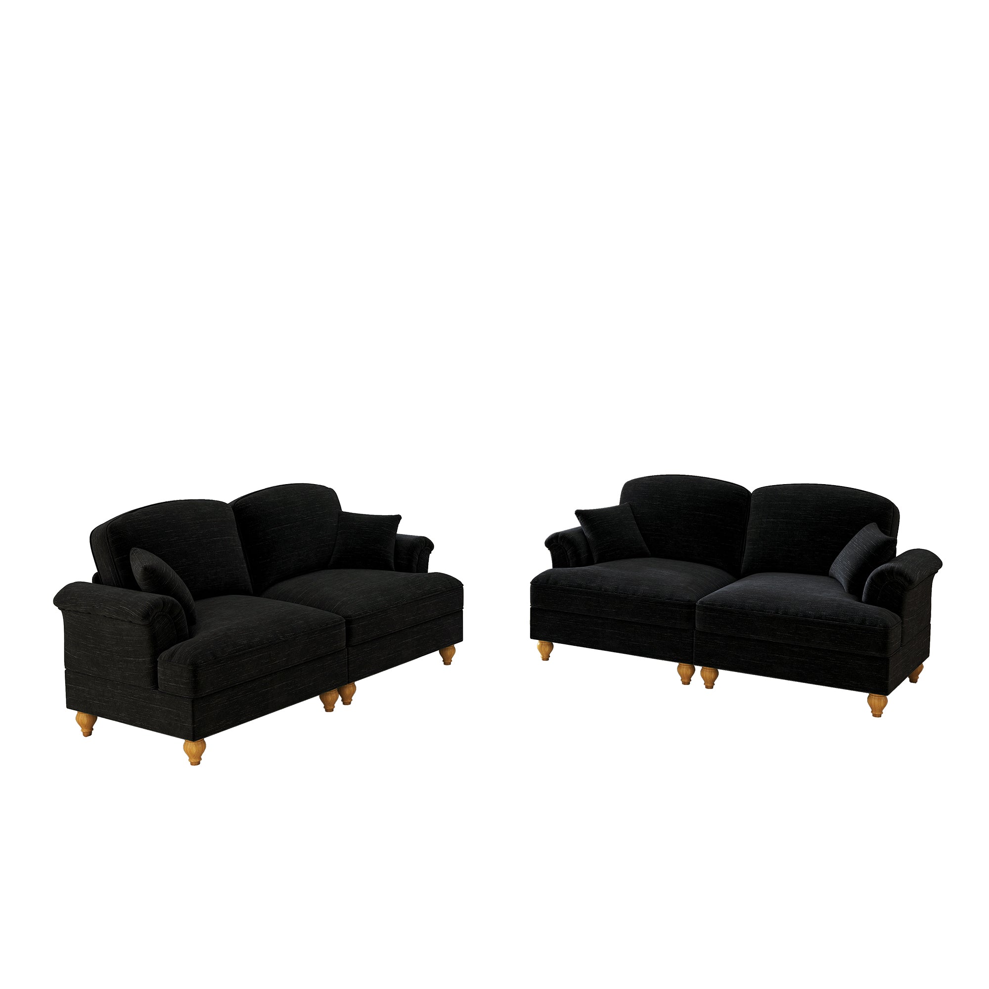Mid-Century L-Shaped 2-Seater Sofa with Movable Ottoman - Black Chenille